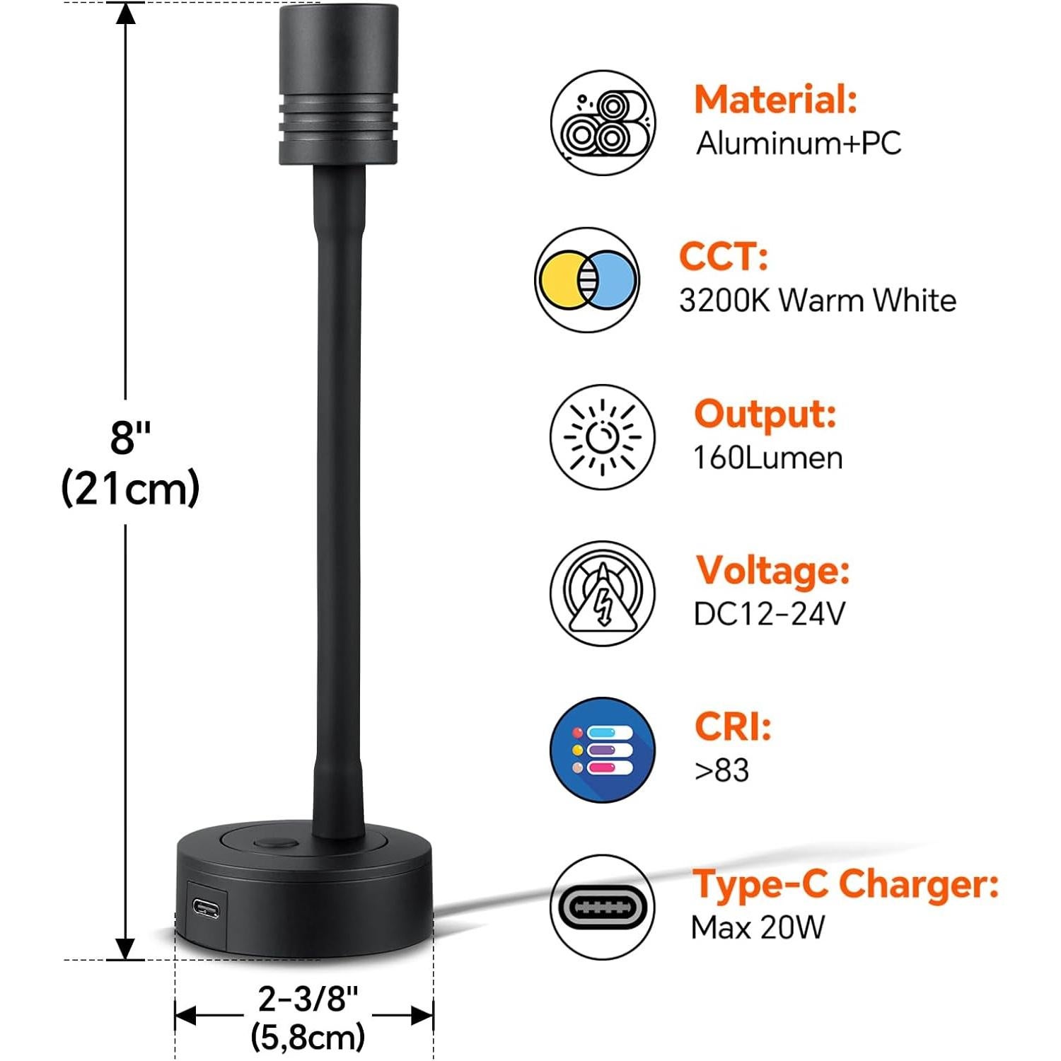 Luz de lectura LED Obeaming 12V regulable con USB-C - 2 unidades