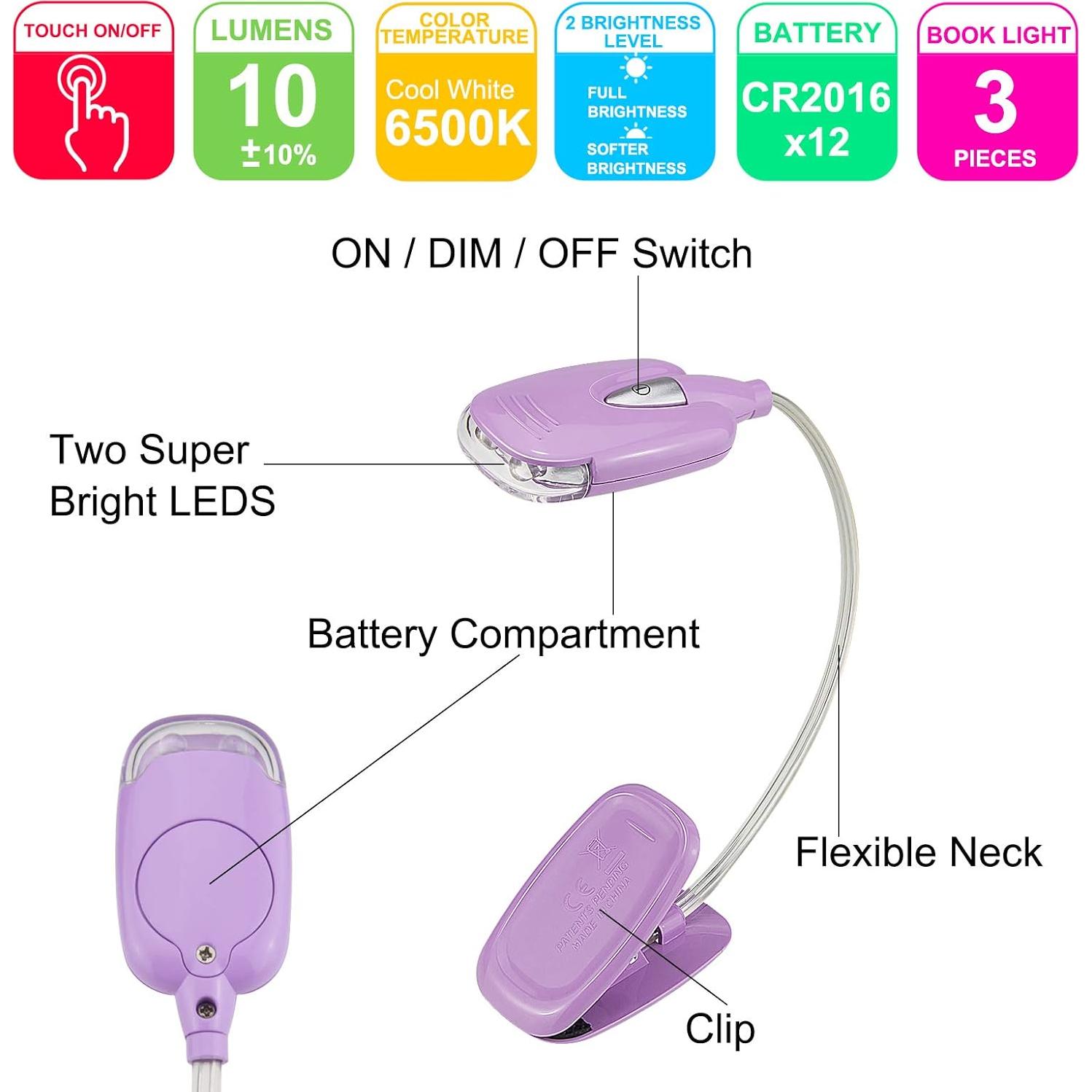 Luz de lectura LED HONGUT con clip - Paquete de 3 colores
