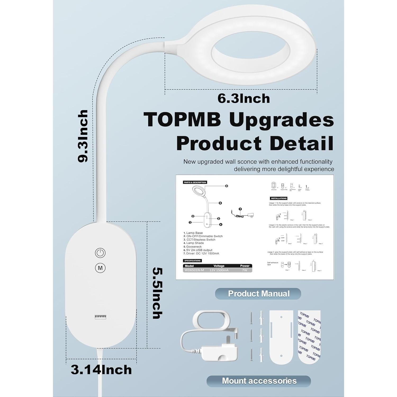 Lámpara de Lectura de Pared TOPMB con USB 10W y 4 Modos