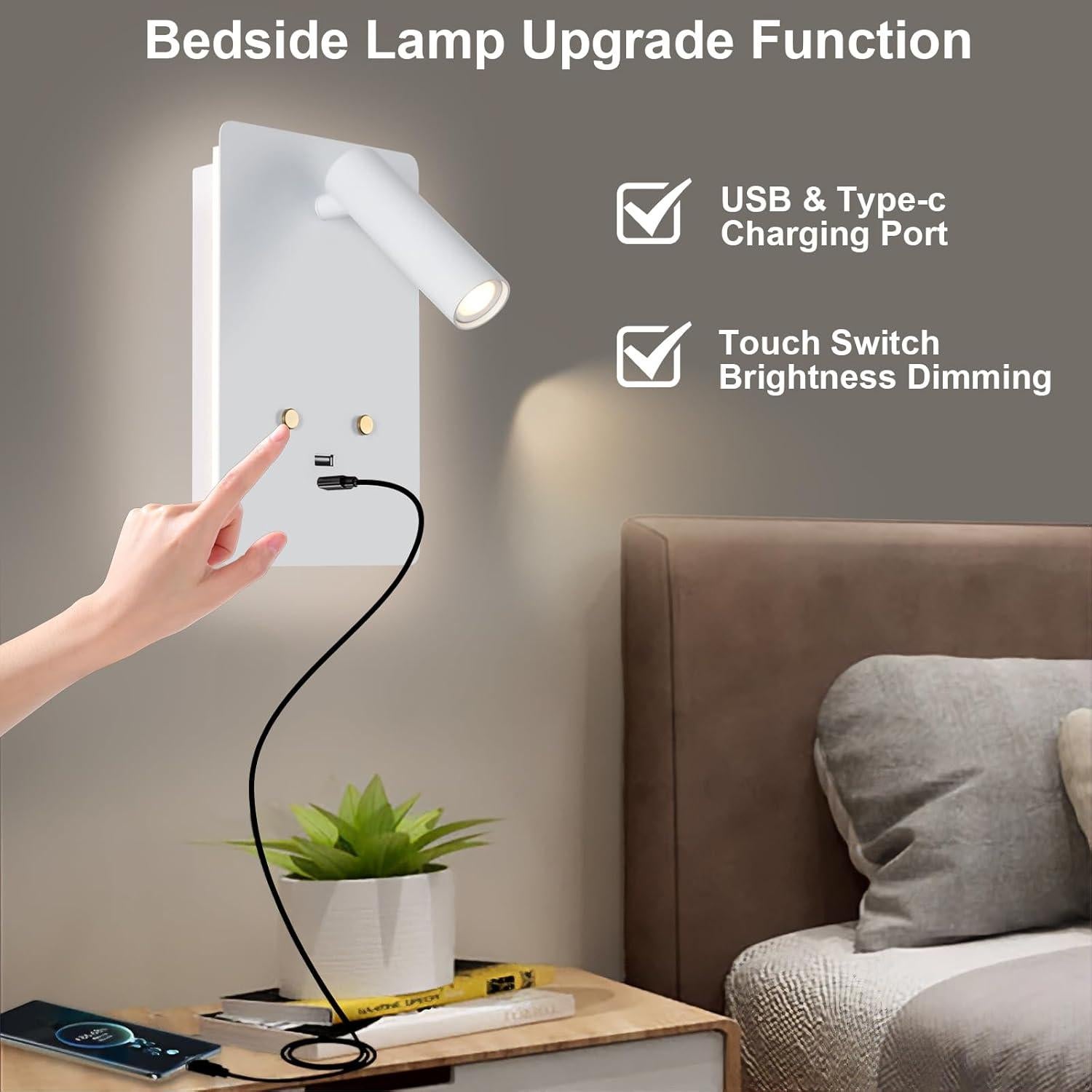 Luz de Lectura Montada en Pared ZEROUNO con USB y Dimmable