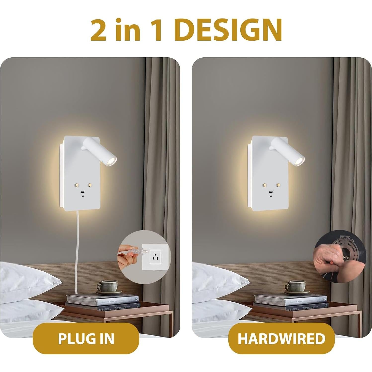 Luz de Lectura Montada en Pared ZEROUNO con USB y Dimmable