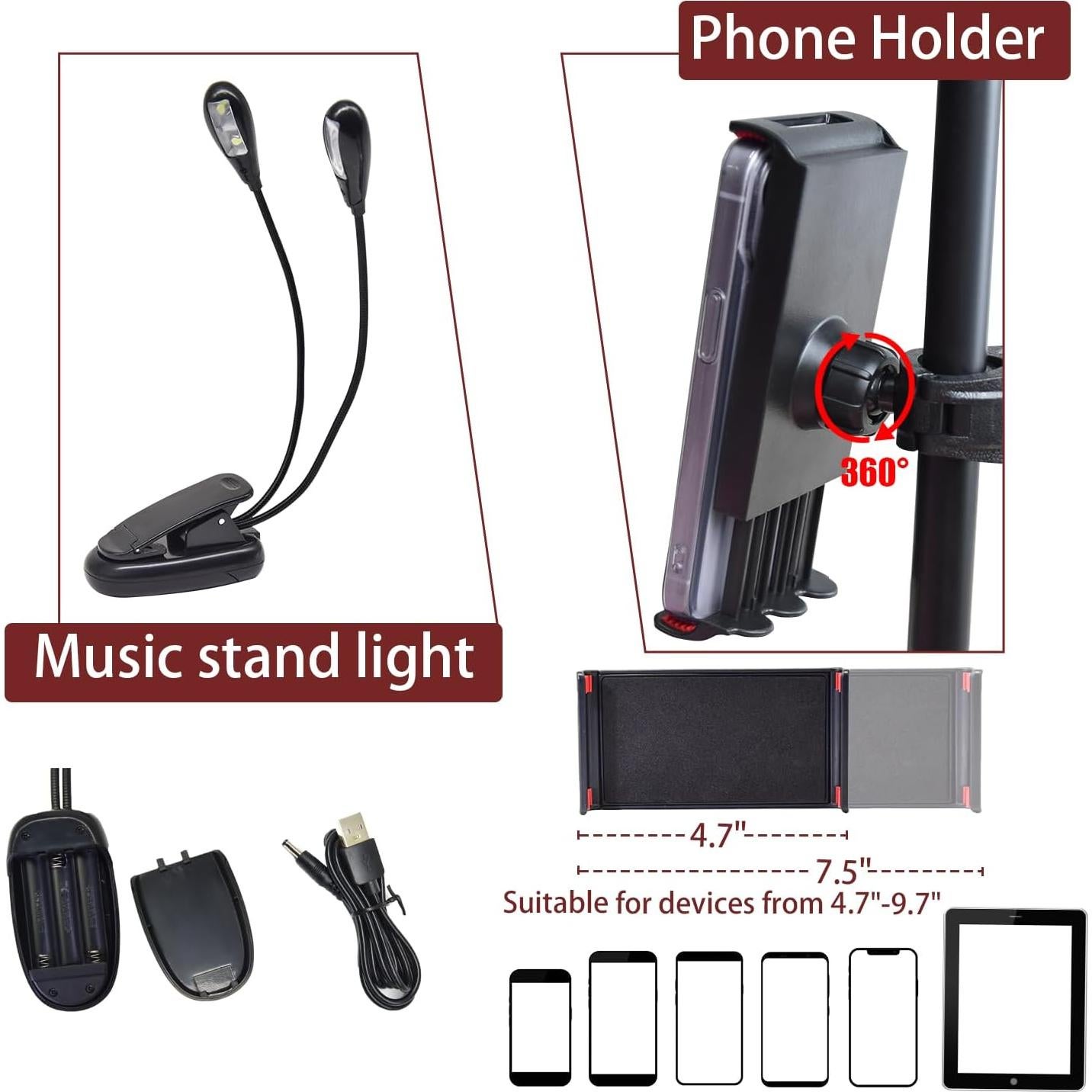 Atril de Partituras Tialero con Luz y Soporte Teléfono 84-145cm