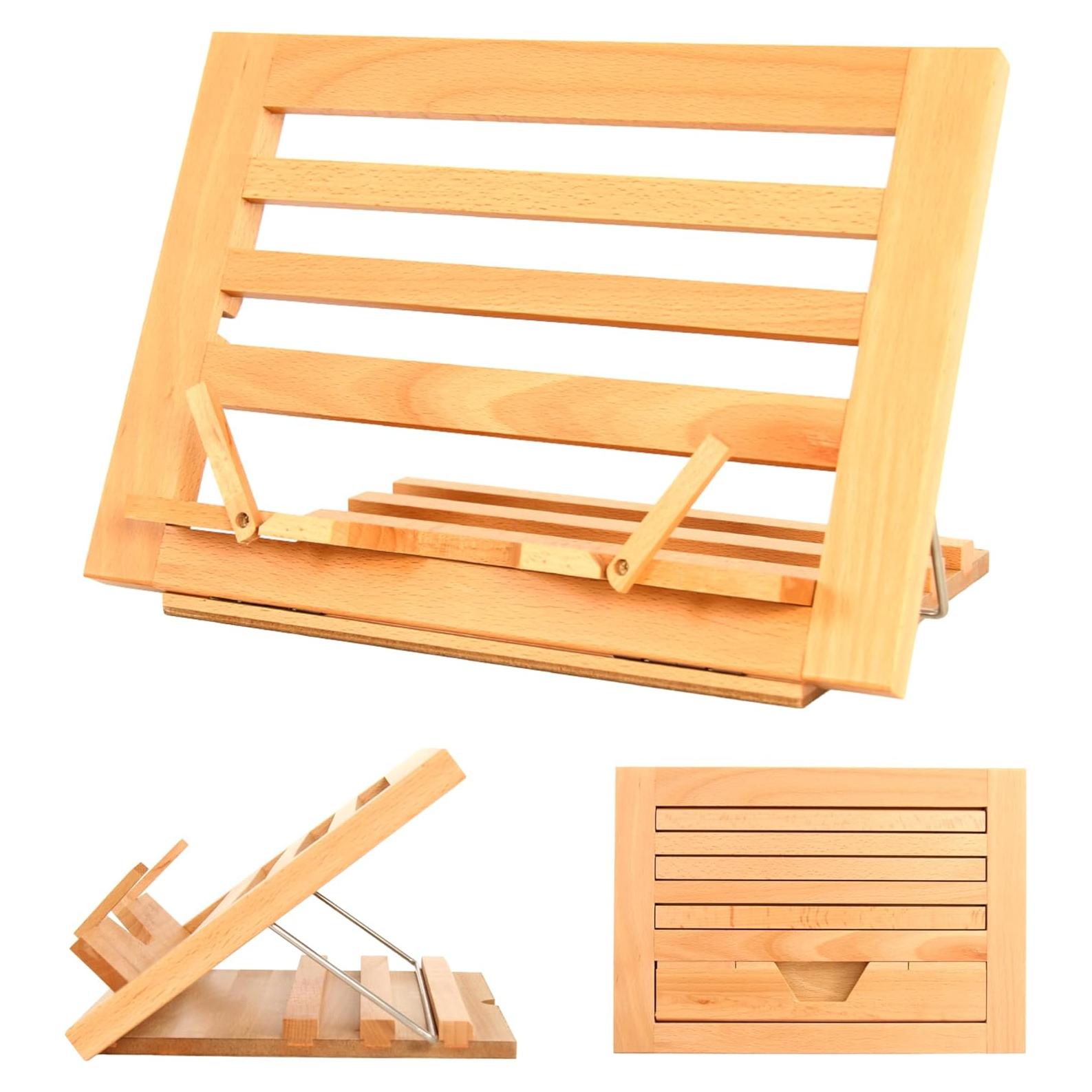 Premium Beechwood Wooden Table Easel and Cookbook Recipe Bookstand - Portable and Foldable Tabletop Art Easel with Flip-Up Page Holders, Adjustable Angle for Cookbooks, Textbooks, Bible, Books, Canvas