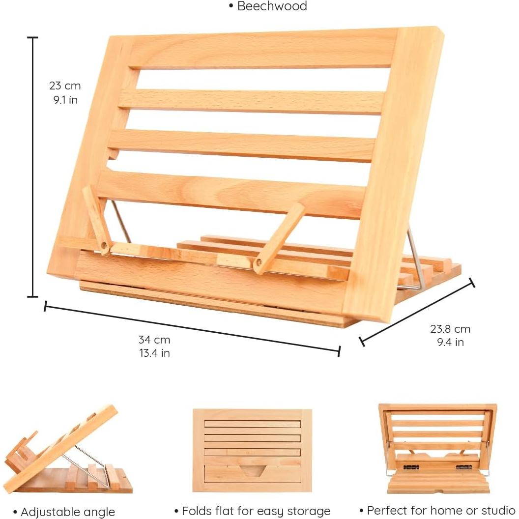 Premium Beechwood Wooden Table Easel and Cookbook Recipe Bookstand - Portable and Foldable Tabletop Art Easel with Flip-Up Page Holders, Adjustable Angle for Cookbooks, Textbooks, Bible, Books, Canvas