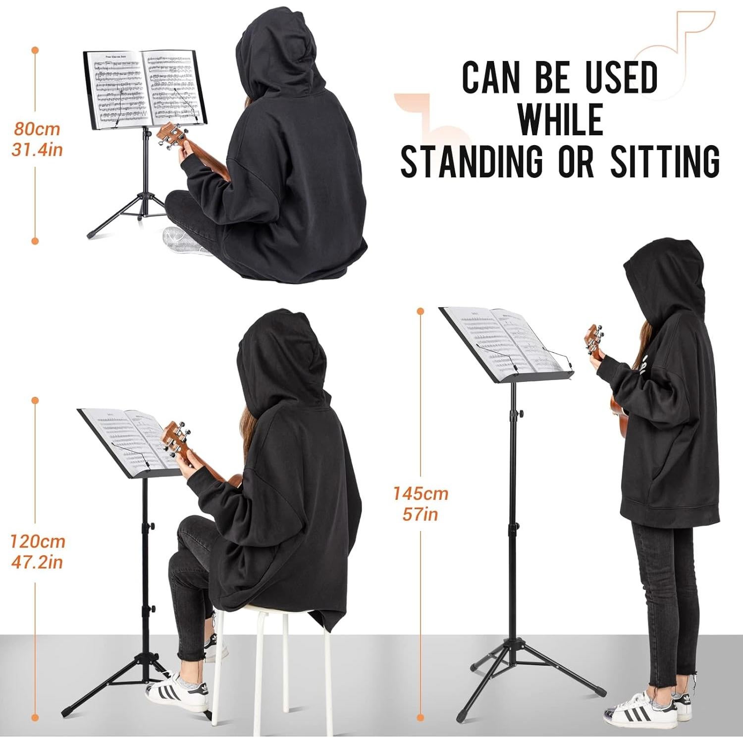 CAHAYA Music Stand for Sheet Music: Dual-use Sheet Music Stand Floor Music Book Stand Portable Height Adjustable from 31.4-57in with Tabletop Support, Carrying Bag, and Clip Unique Quaver Design