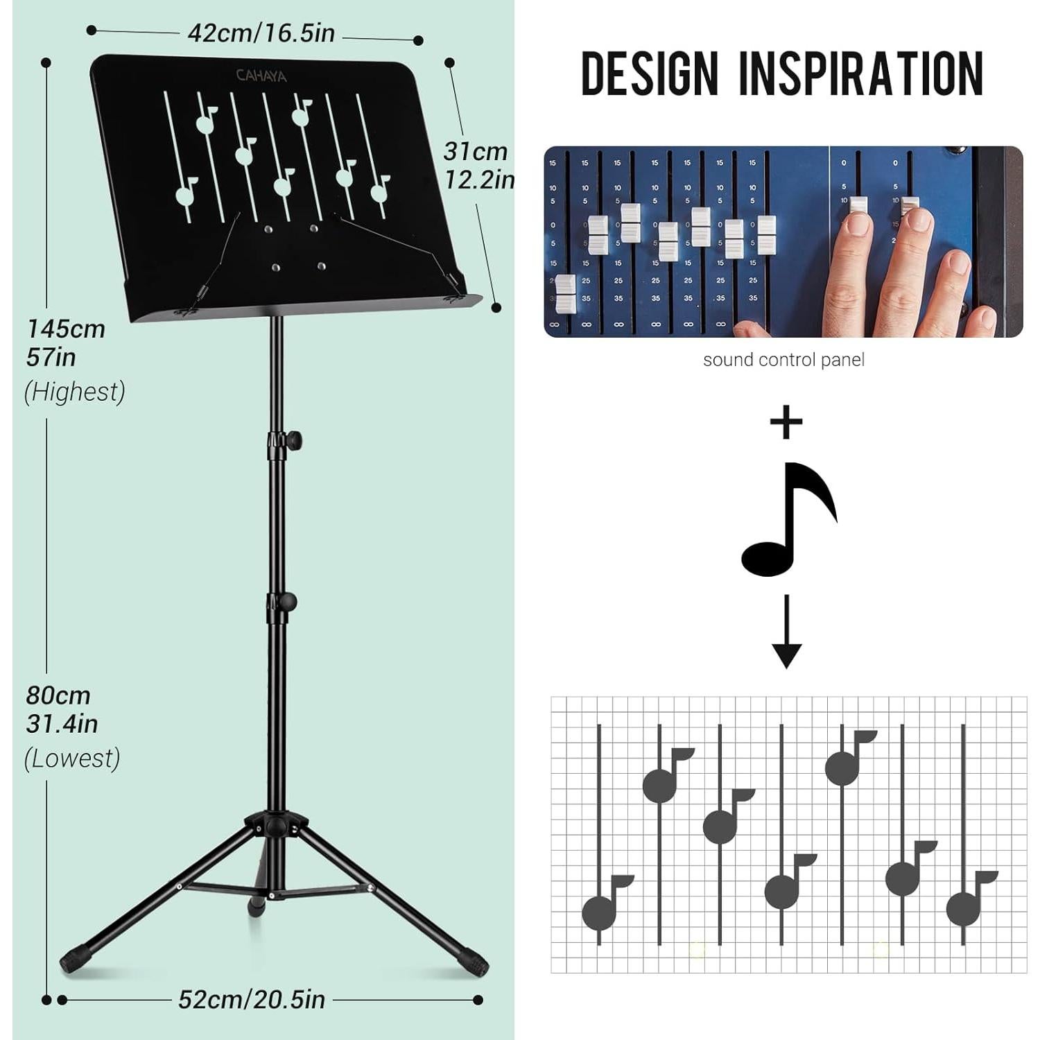 CAHAYA Music Stand for Sheet Music: Dual-use Sheet Music Stand Floor Music Book Stand Portable Height Adjustable from 31.4-57in with Tabletop Support, Carrying Bag, and Clip Unique Quaver Design
