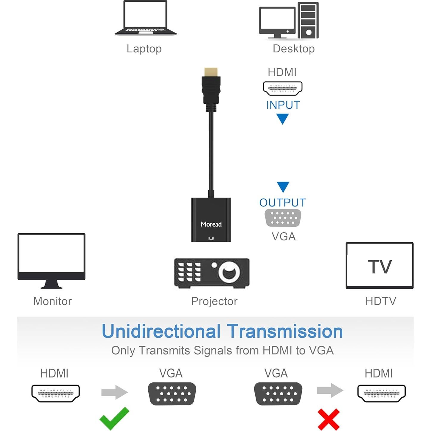 Adaptador HDMI a VGA Moread - Conector Dorado, 1080p, Negro