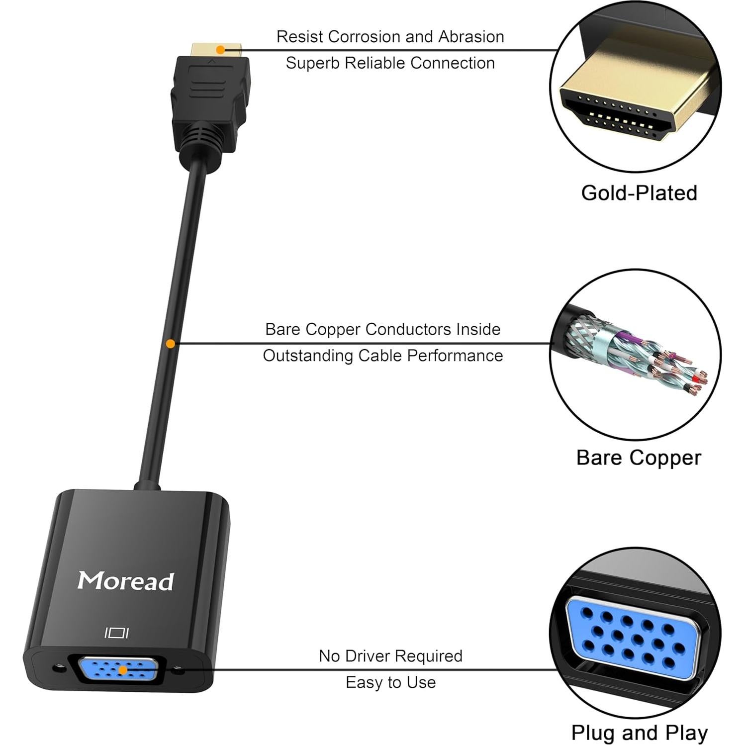 Adaptador HDMI a VGA Moread - Conector Dorado, 1080p, Negro