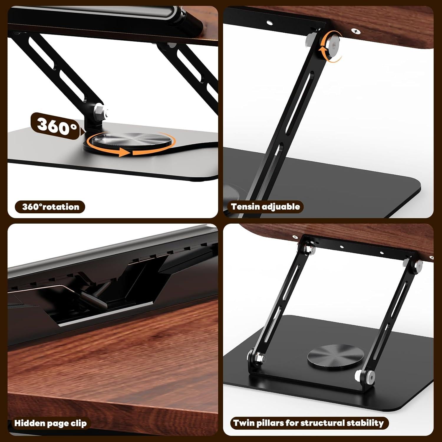 Soporte de Libro Abiglifty Ajustable 360° Madera Oscura