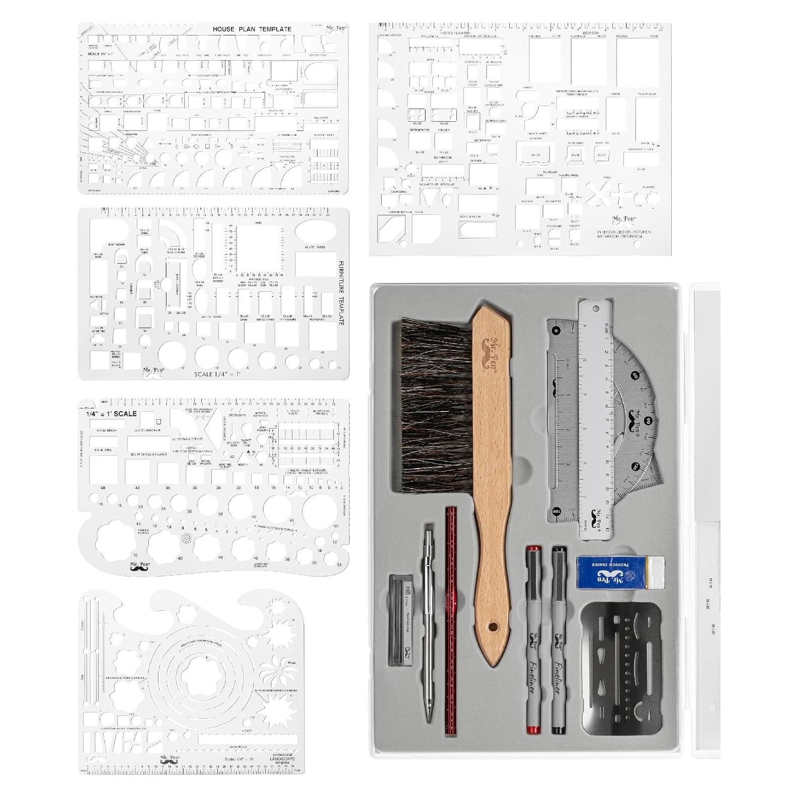 Juego de Geometría Profesional Mr. Pen 17 Pcs con Plantillas