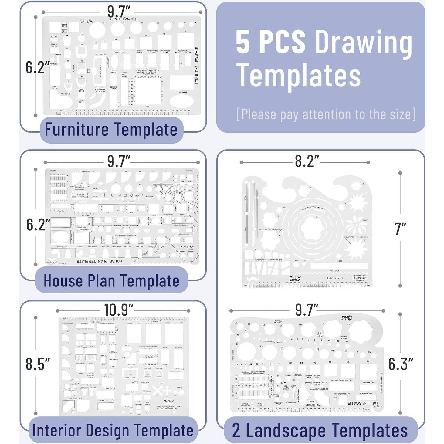 Juego de Geometría Profesional Mr. Pen 17 Pcs con Plantillas