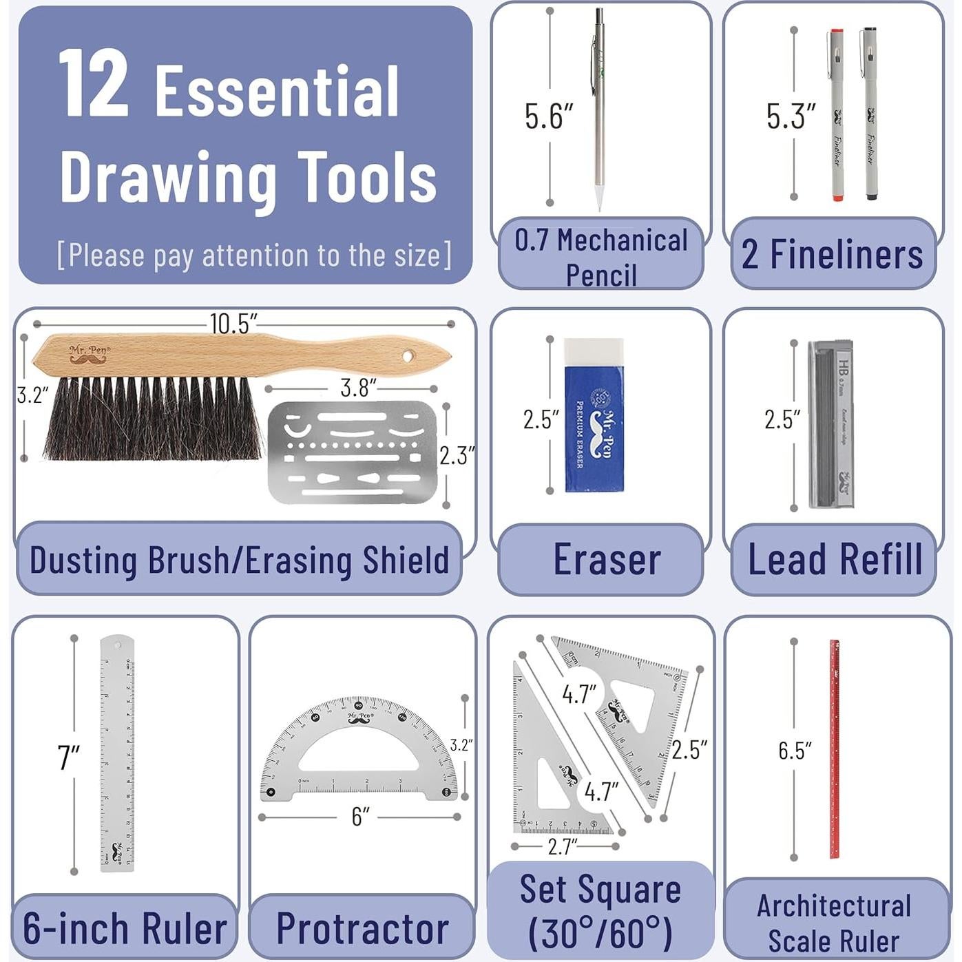 Juego de Geometría Profesional Mr. Pen 17 Pcs con Plantillas
