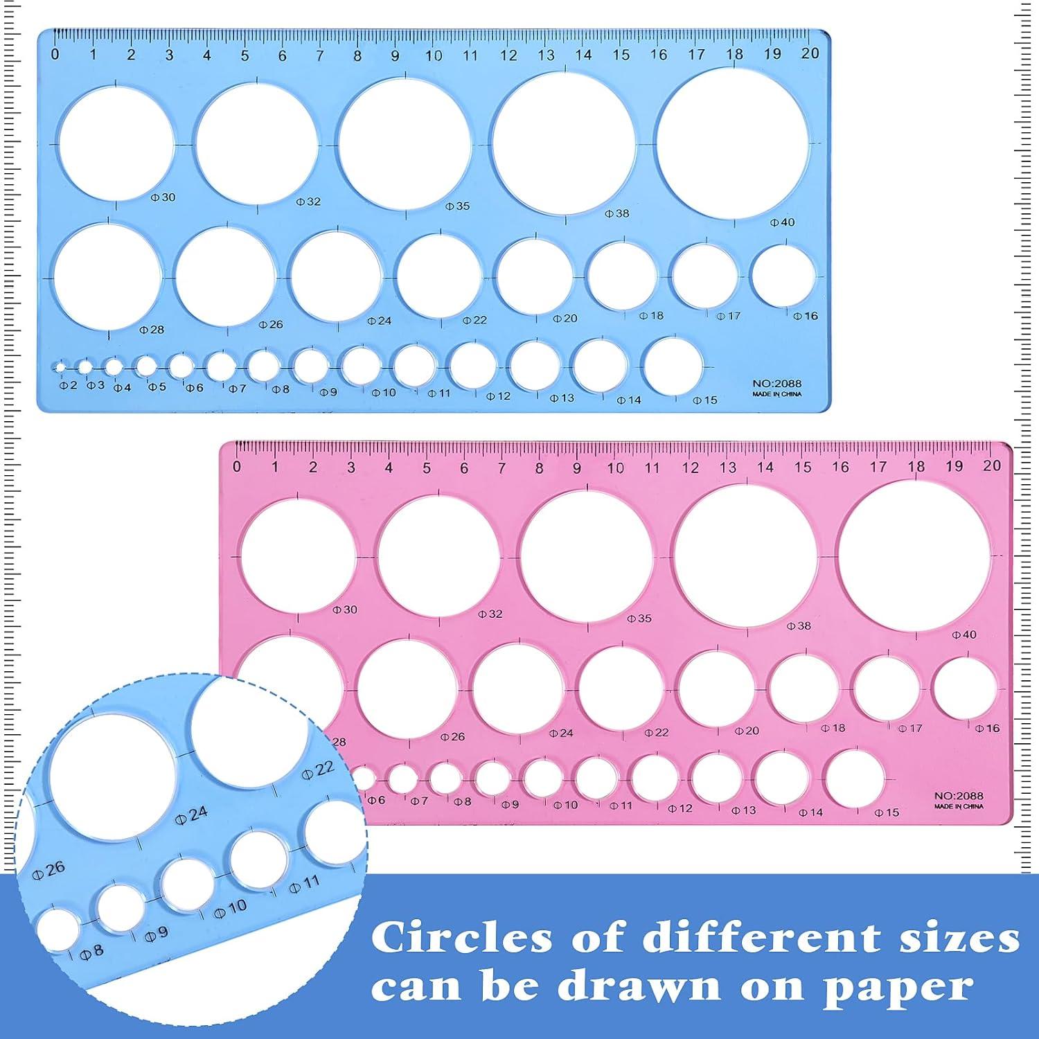 2Pcs Circle Template for Drawing Drafting, Geometric Circle Ruler for Painting Round Templates Plastic Transparent Drawing Tool for School Office Supplies