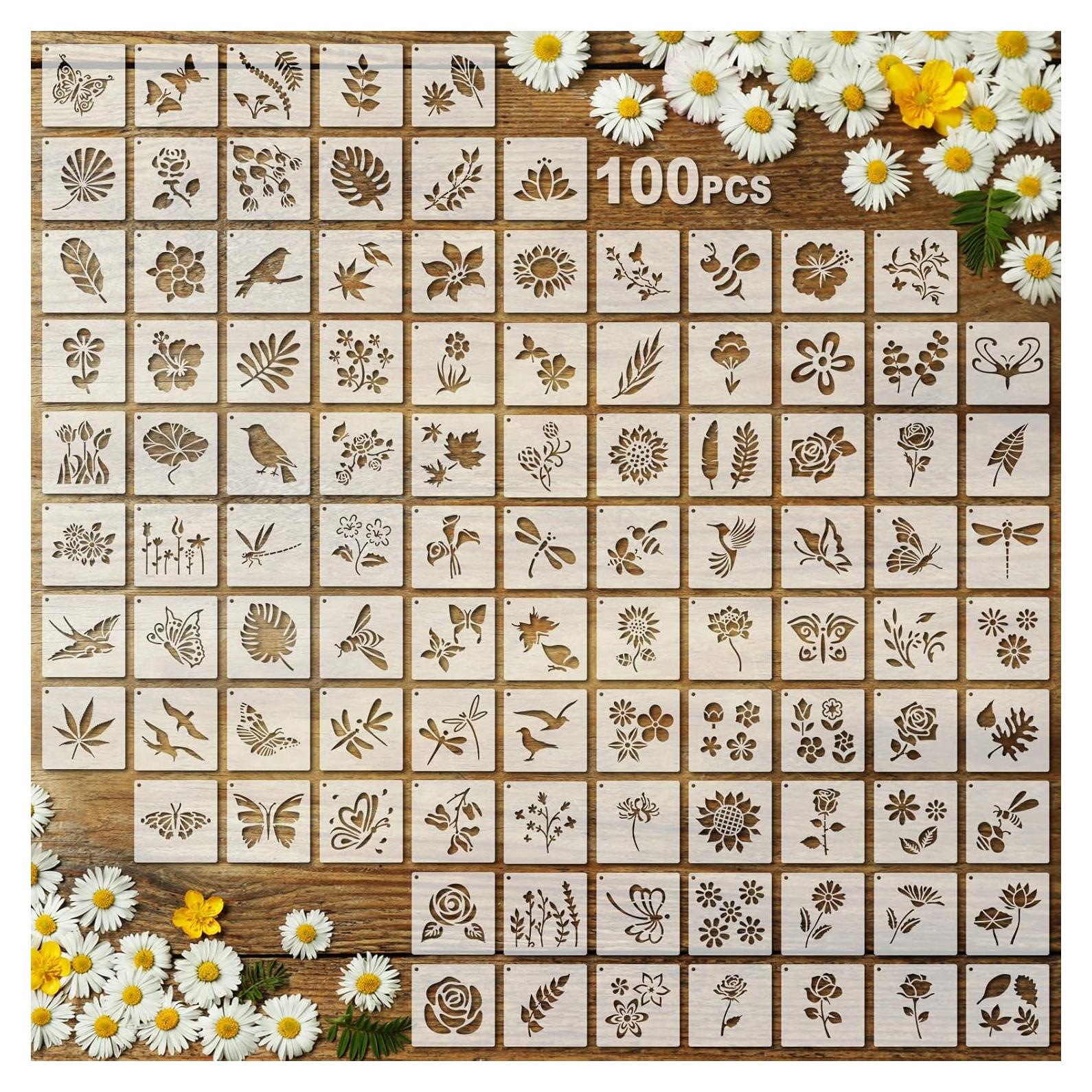 100 Plantillas Reutilizables para Pintar Fainne 5x5 cm Flores