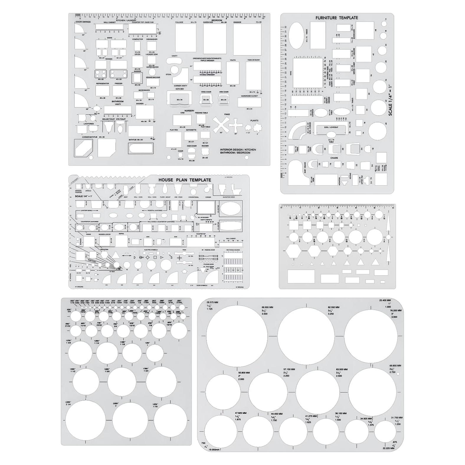 6 Pcs Architectural Templates, Circle Template, House Plan, Interior Design and Furniture Templates, Drafting Tools and Ruler Shapes for Architecture