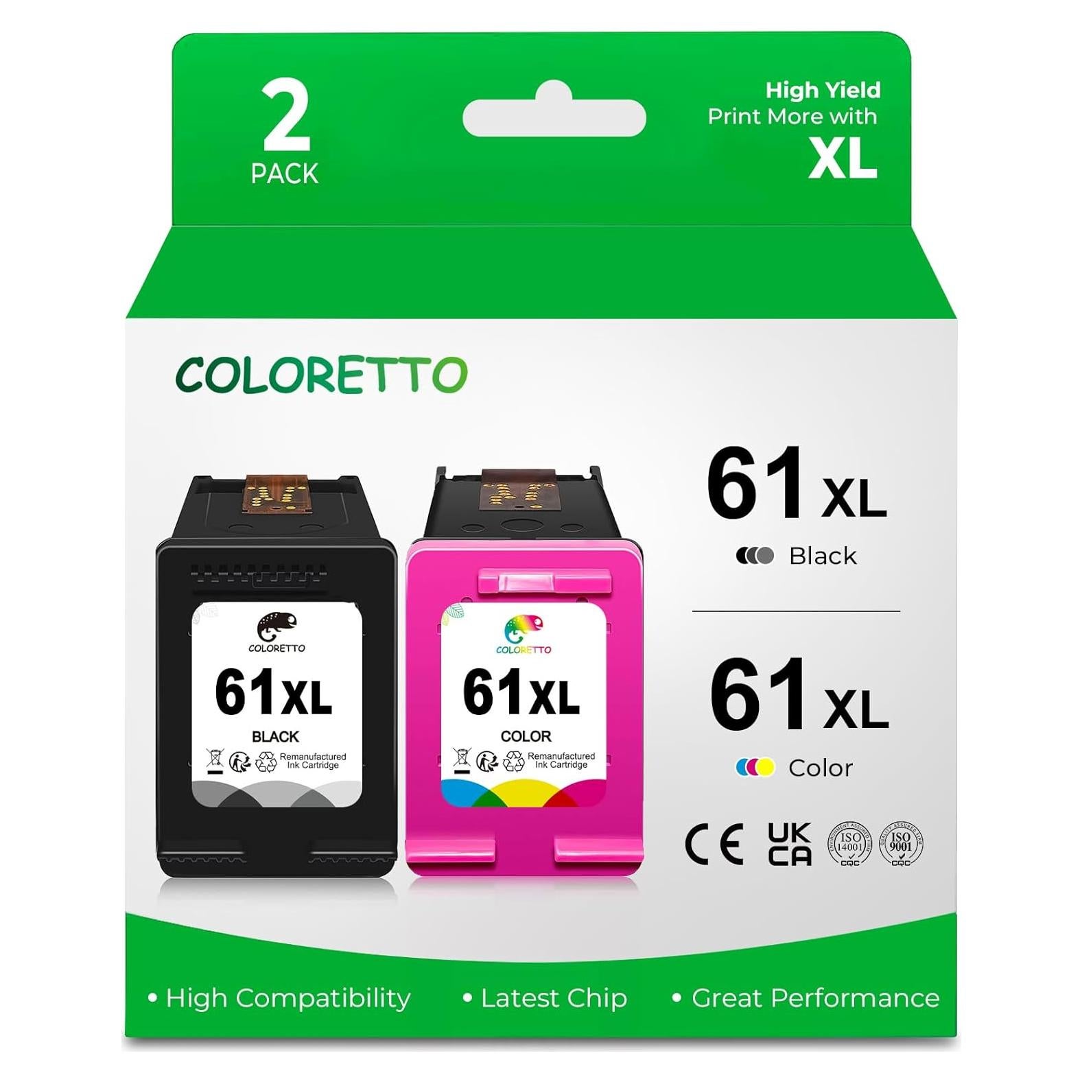 Cartucho de Tinta Remanufacturado COLORETTO HP 61XL Negro y Color