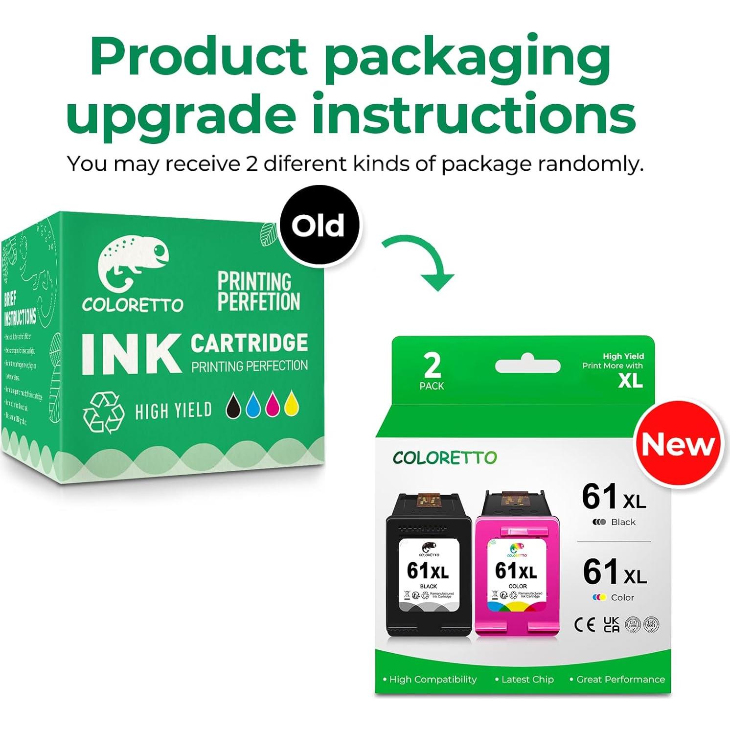 Cartucho de Tinta Remanufacturado COLORETTO HP 61XL Negro y Color