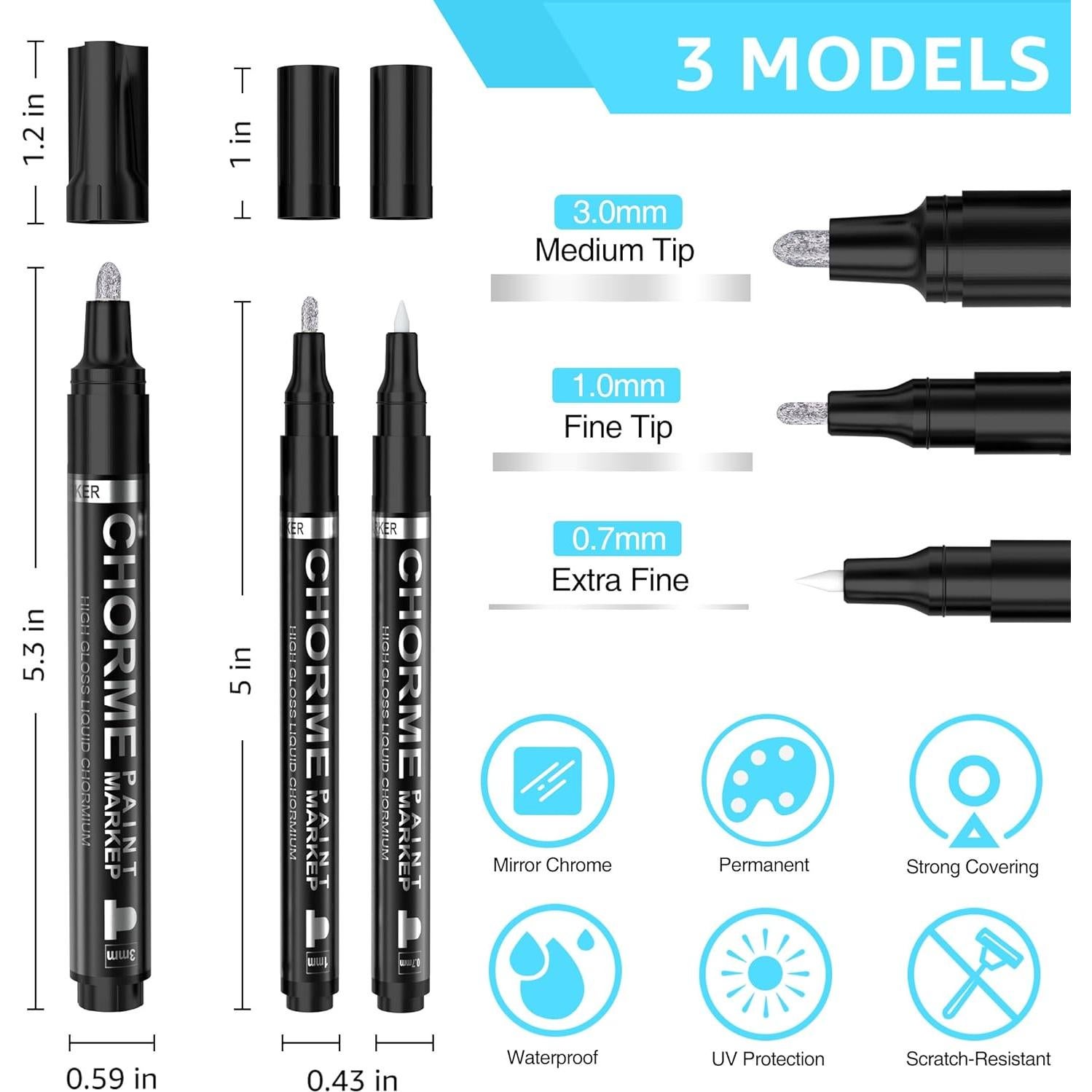 Marcadores de Espejo KERIFI Set 3 Piezas 0.7/1.0/3.0mm Plateado