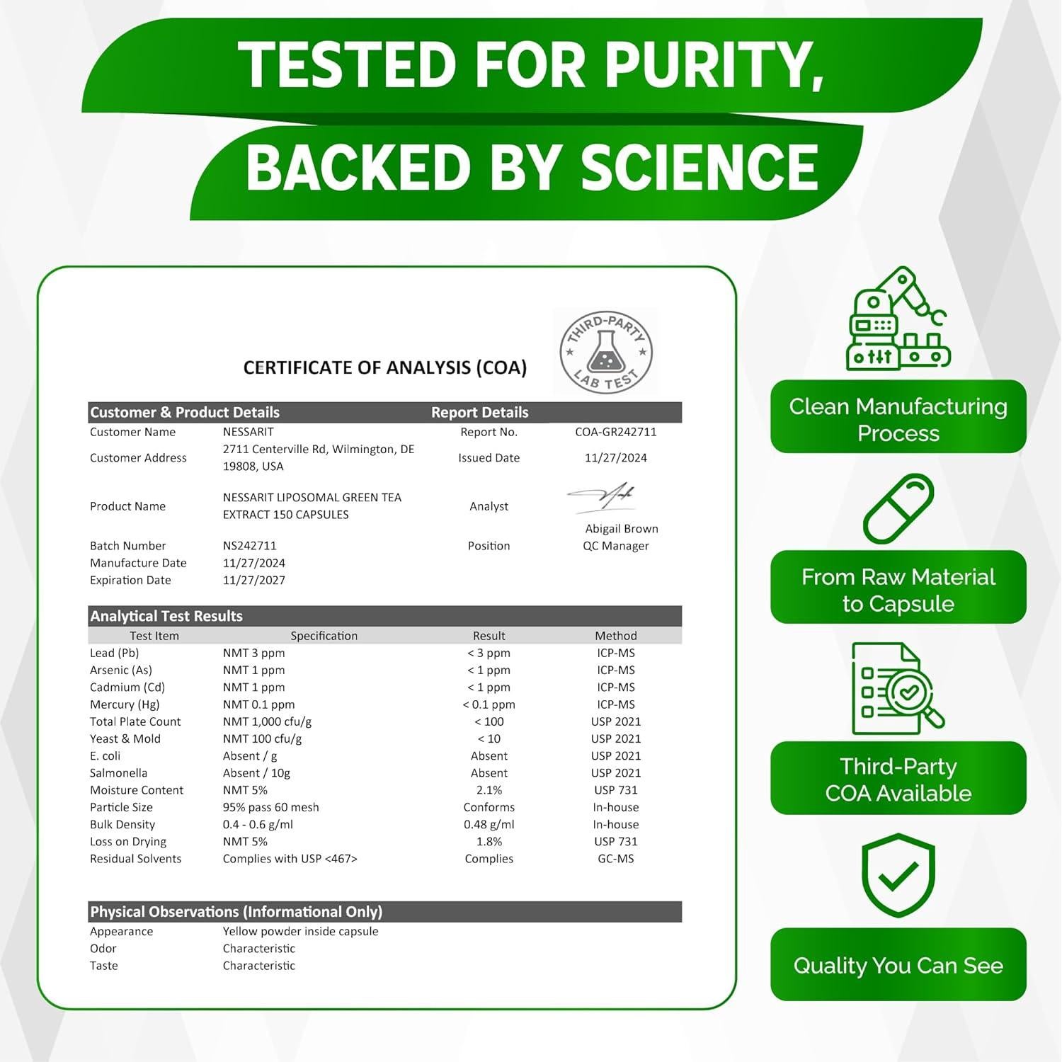 Extracto de Té Verde NESSARIT 150 Cápsulas - Metabolismo y Antioxidantes