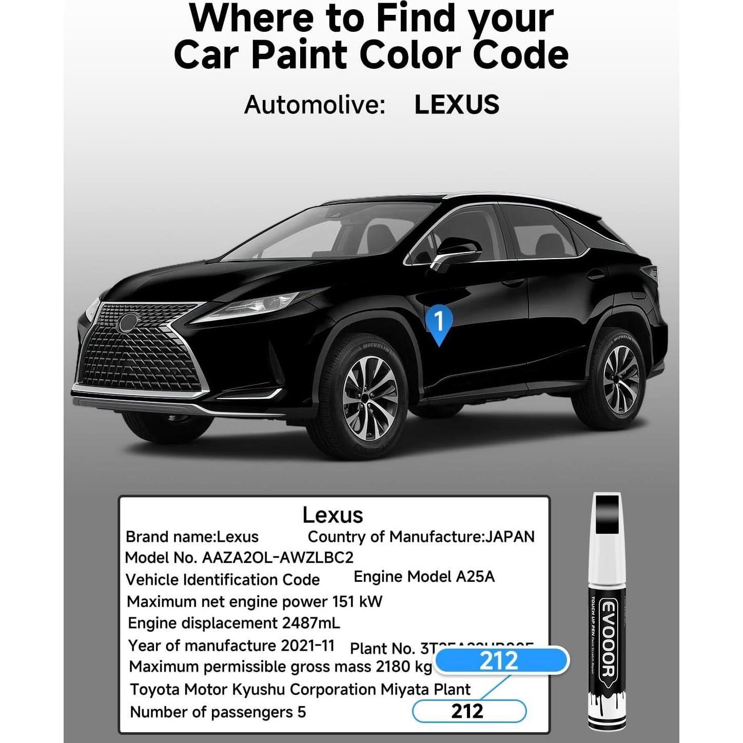 Pintura de Retoque EVOOOR Obsidiana 212 para Lexus 11.8 ml