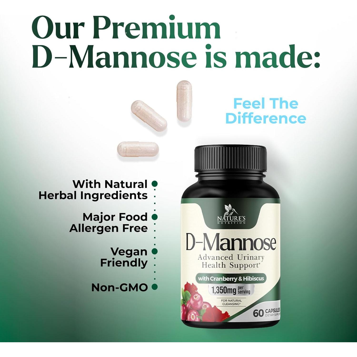 Suplemento D-Mannosa 1,350 mg Nature's Nutrition 60 Cápsulas