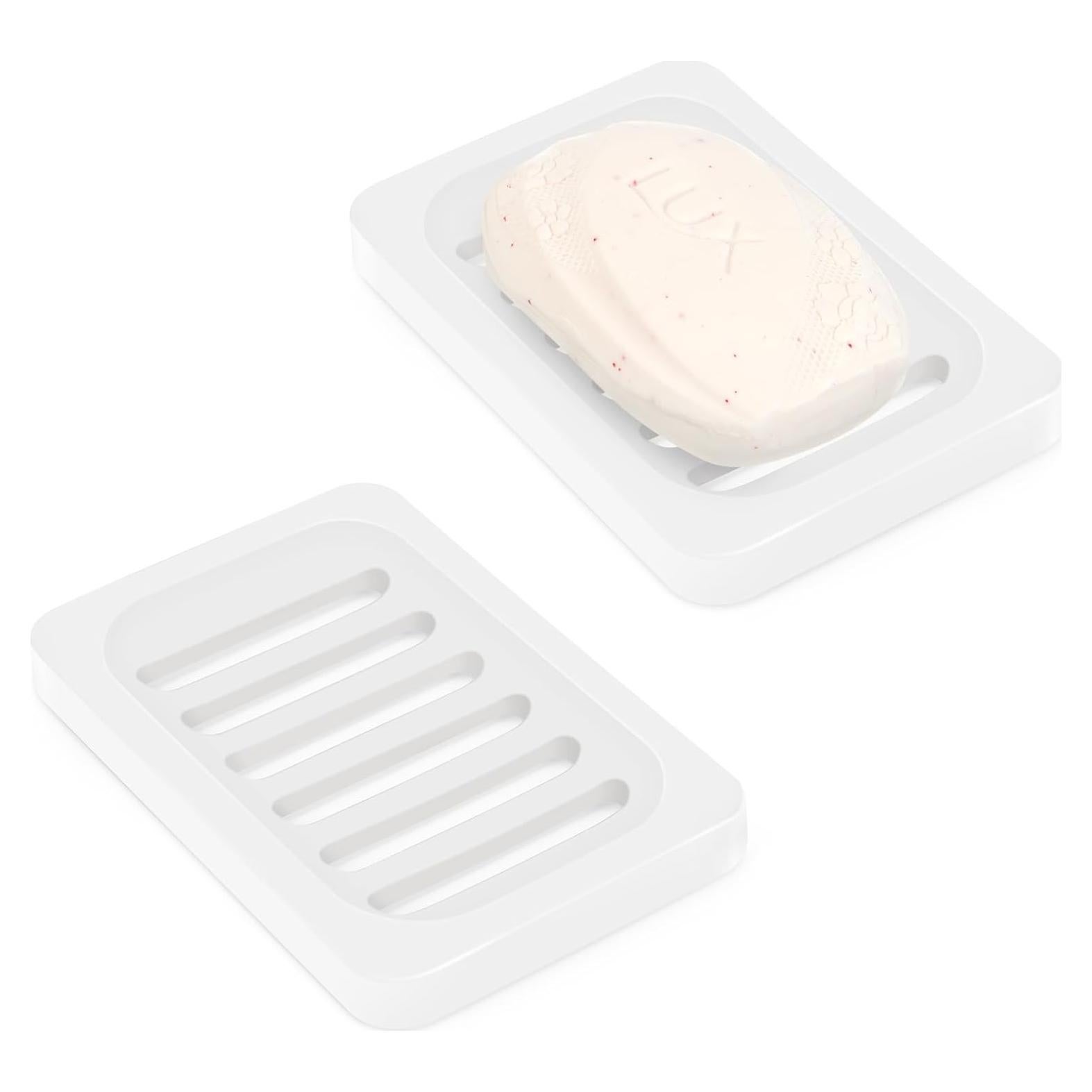 Topsky 2Pcs Soap Dish Holder, Non-Slip Bathroom Accessories Silicone Soap Case Saver, Sink Deck Bathtub Shower Dish Soap Drainer, Silicone Holder for Soap, Sponges, Scrubber (White-2pcs)