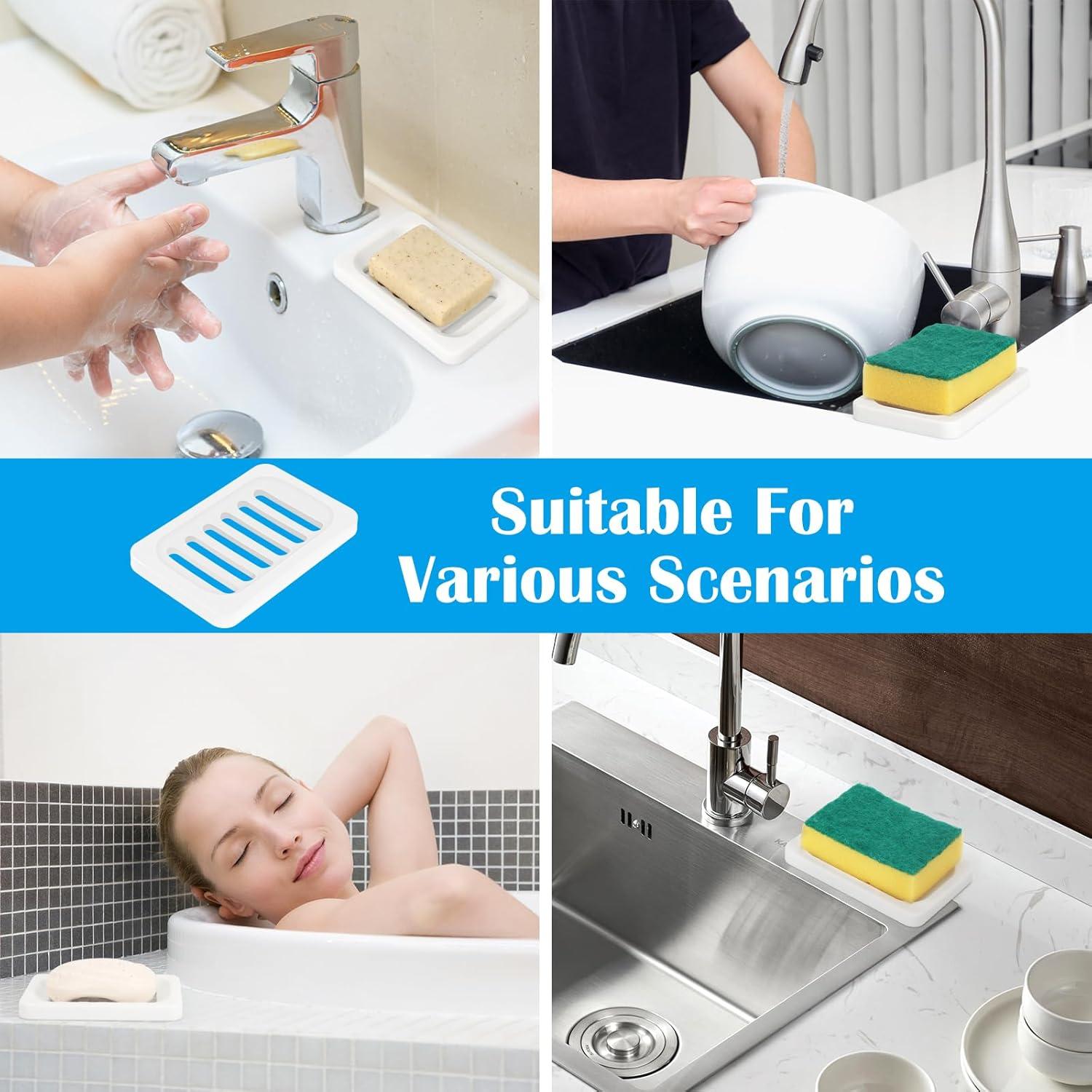 Topsky 2Pcs Soap Dish Holder, Non-Slip Bathroom Accessories Silicone Soap Case Saver, Sink Deck Bathtub Shower Dish Soap Drainer, Silicone Holder for Soap, Sponges, Scrubber (White-2pcs)