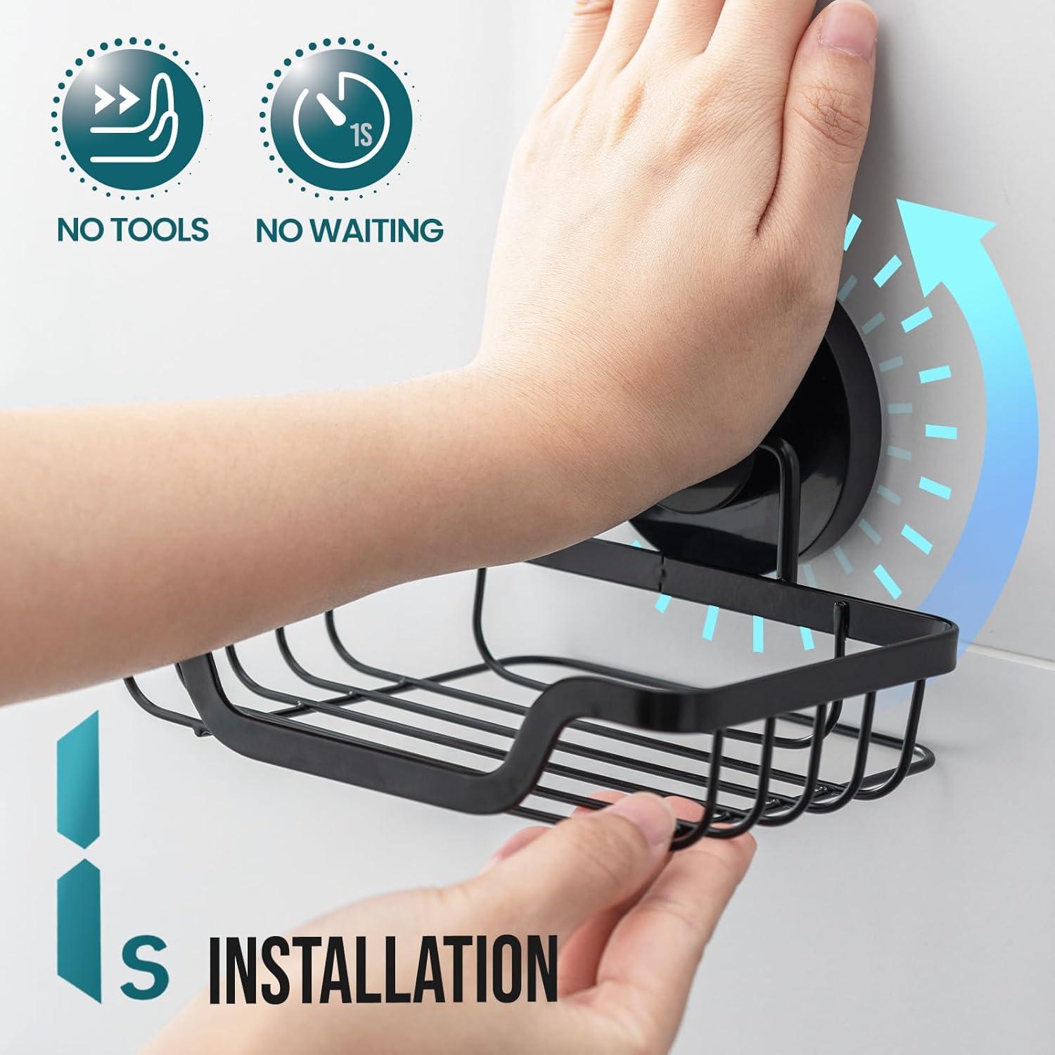 Soporte de Jabón TAILI con Ventosa Negro, Autodrenante, 1 Nivel