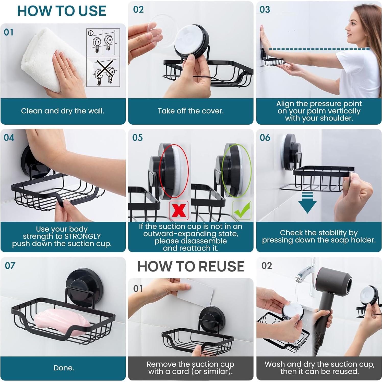 Soporte de Jabón TAILI con Ventosa Negro, Autodrenante, 1 Nivel