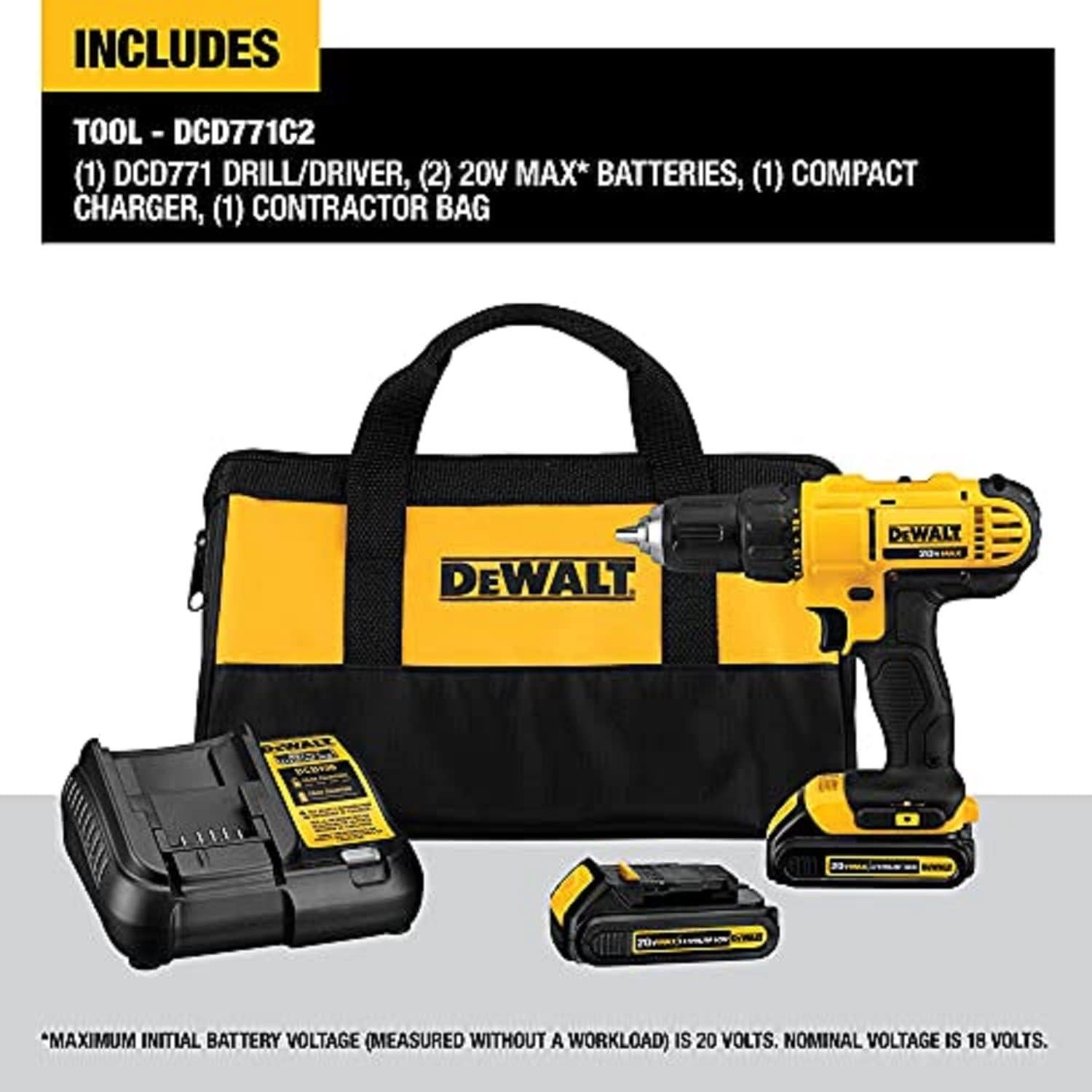 Taladro Inalámbrico DEWALT 20V Compacto con 21 Brocas