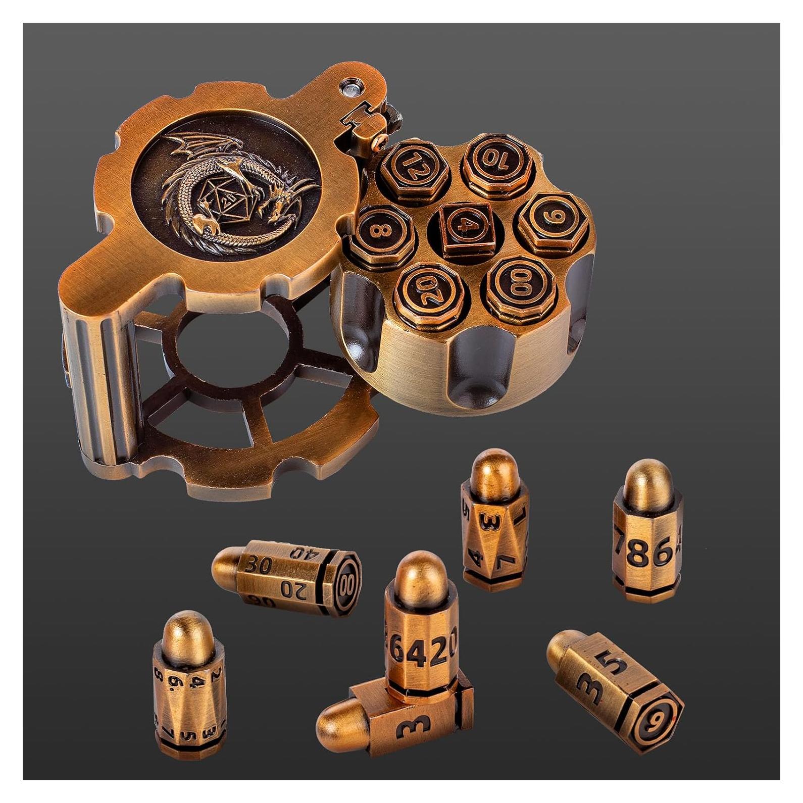 Metal Polyhedral Bullet Dice Set of 7 with Spinning Revolver Cylinder Container - Metal Bullet Dice Cyberpunk Style DND Dice for D&D Pathfinder, War or Crime Theme Tabletop Games