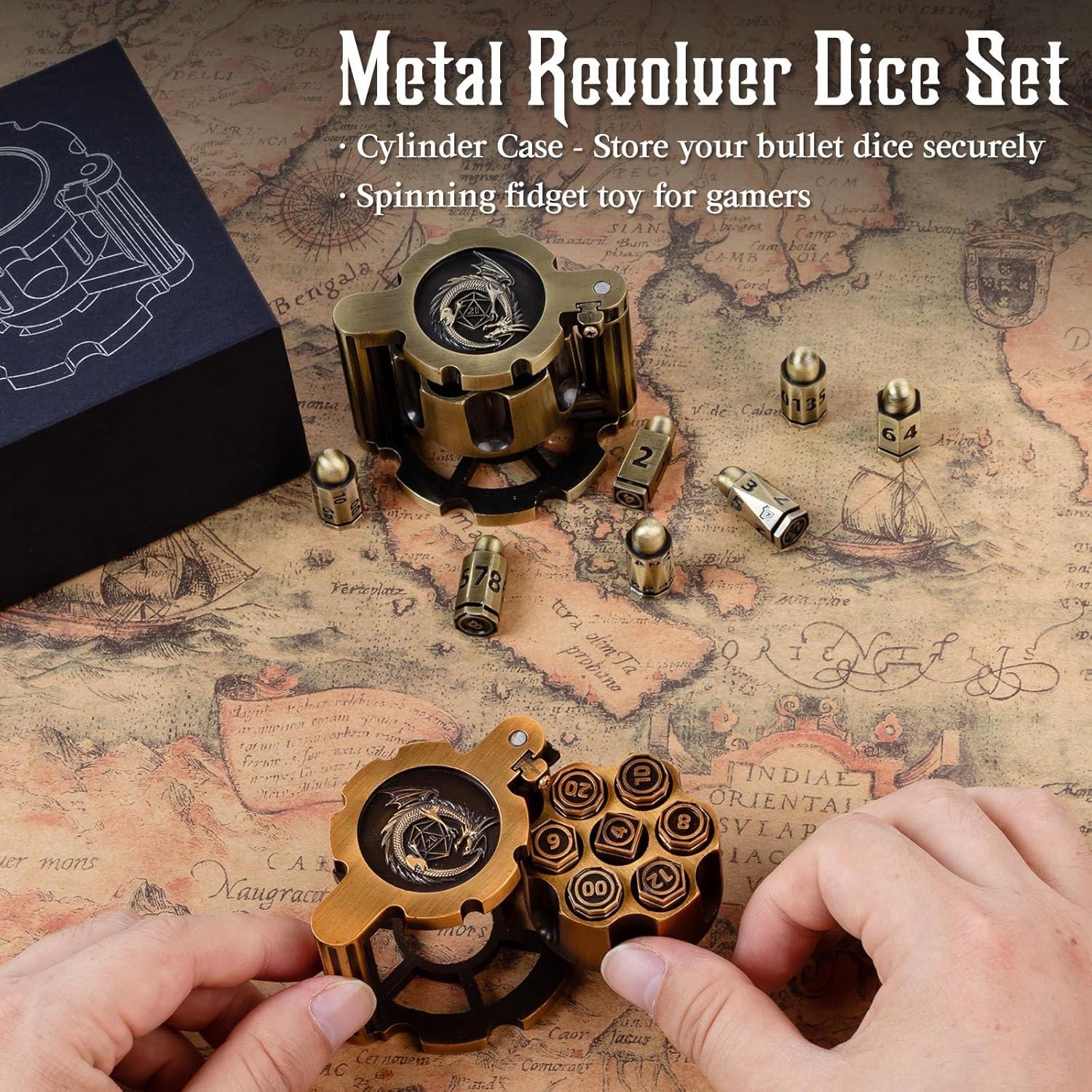 Metal Polyhedral Bullet Dice Set of 7 with Spinning Revolver Cylinder Container - Metal Bullet Dice Cyberpunk Style DND Dice for D&D Pathfinder, War or Crime Theme Tabletop Games