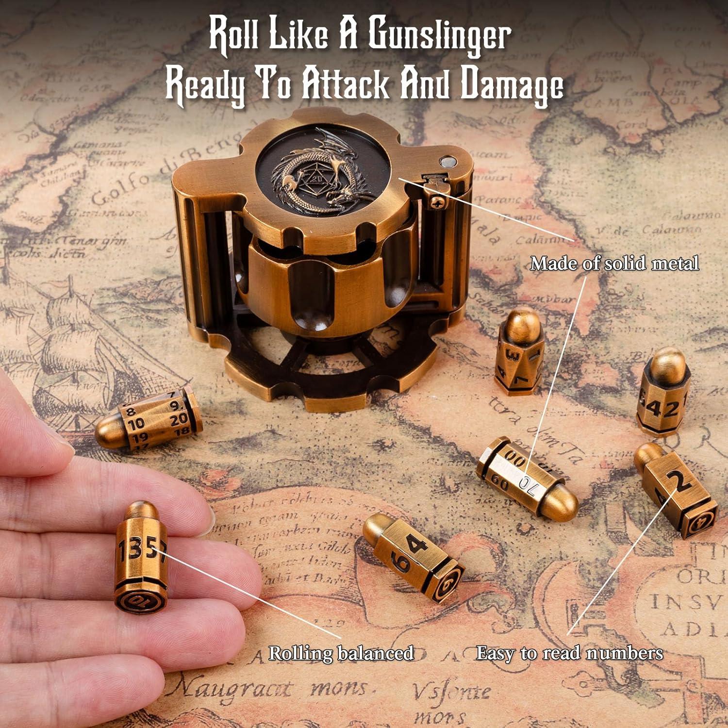 Metal Polyhedral Bullet Dice Set of 7 with Spinning Revolver Cylinder Container - Metal Bullet Dice Cyberpunk Style DND Dice for D&D Pathfinder, War or Crime Theme Tabletop Games