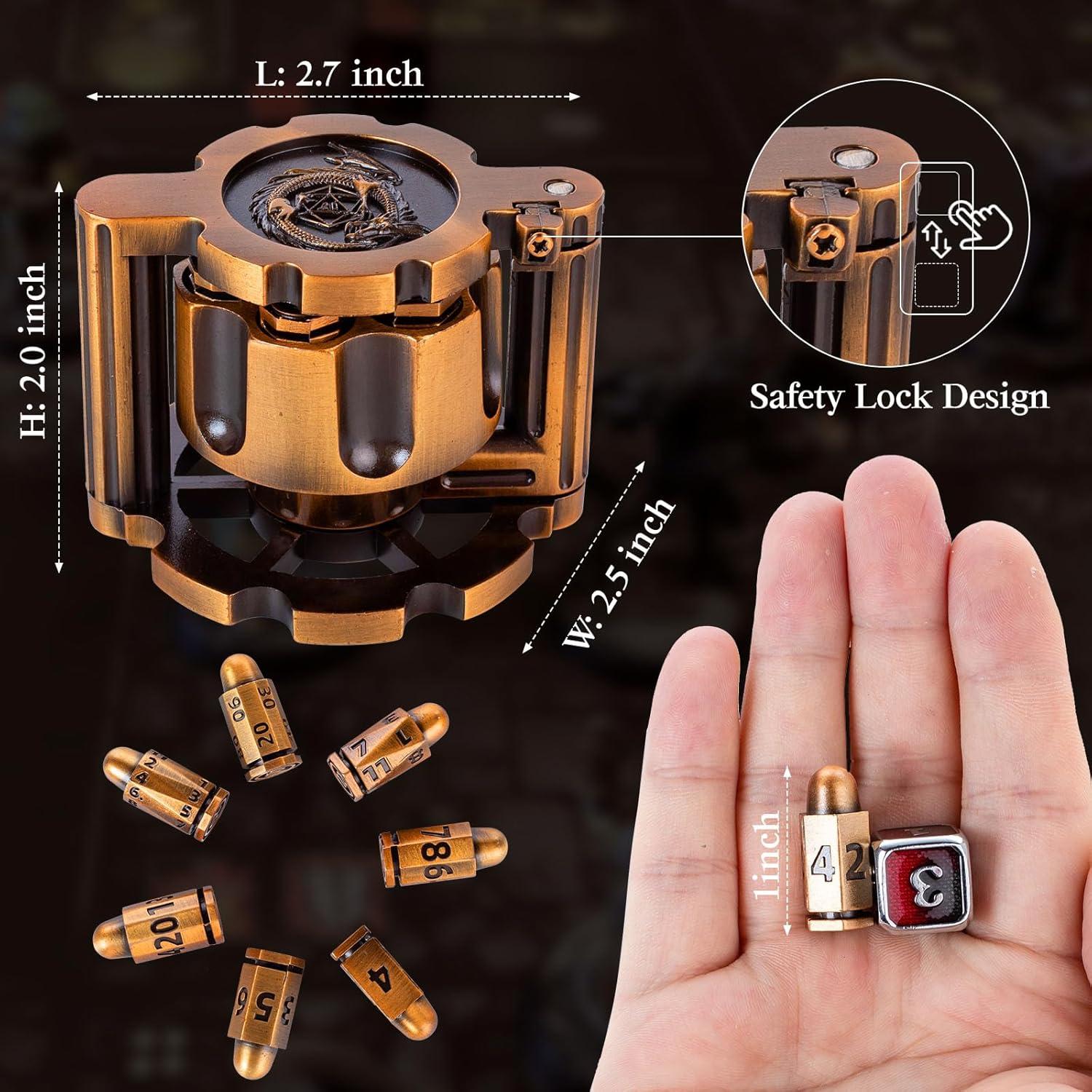 Metal Polyhedral Bullet Dice Set of 7 with Spinning Revolver Cylinder Container - Metal Bullet Dice Cyberpunk Style DND Dice for D&D Pathfinder, War or Crime Theme Tabletop Games