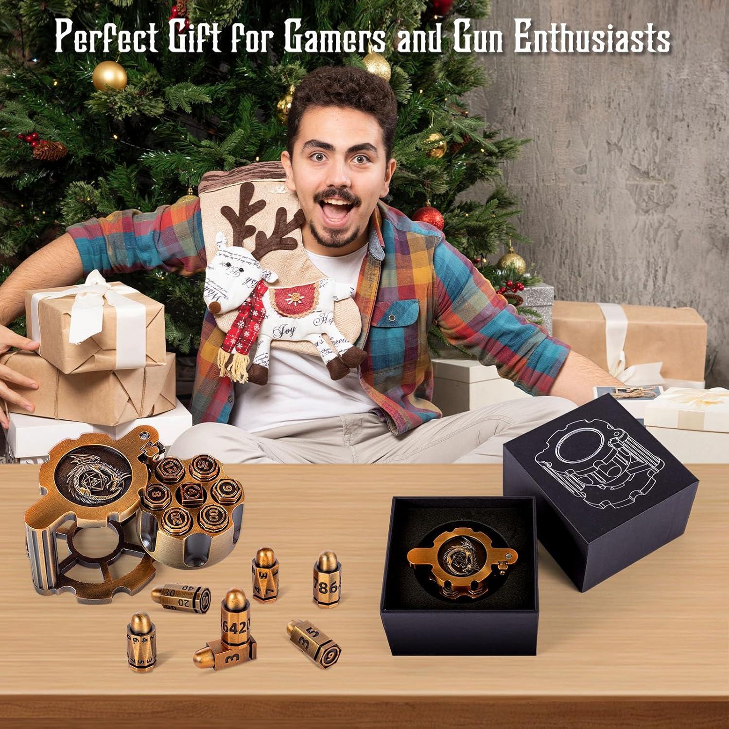 Metal Polyhedral Bullet Dice Set of 7 with Spinning Revolver Cylinder Container - Metal Bullet Dice Cyberpunk Style DND Dice for D&D Pathfinder, War or Crime Theme Tabletop Games