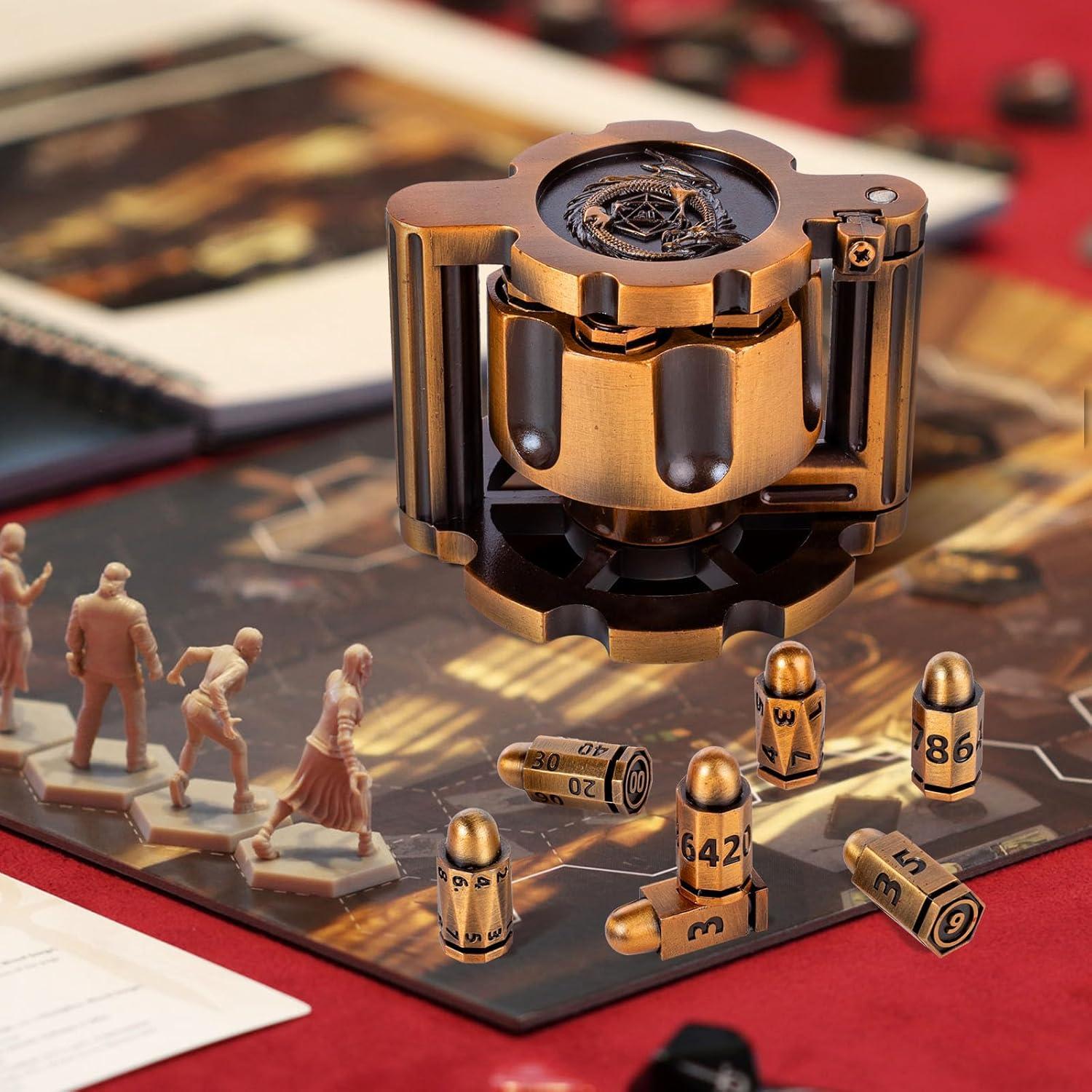 Metal Polyhedral Bullet Dice Set of 7 with Spinning Revolver Cylinder Container - Metal Bullet Dice Cyberpunk Style DND Dice for D&D Pathfinder, War or Crime Theme Tabletop Games