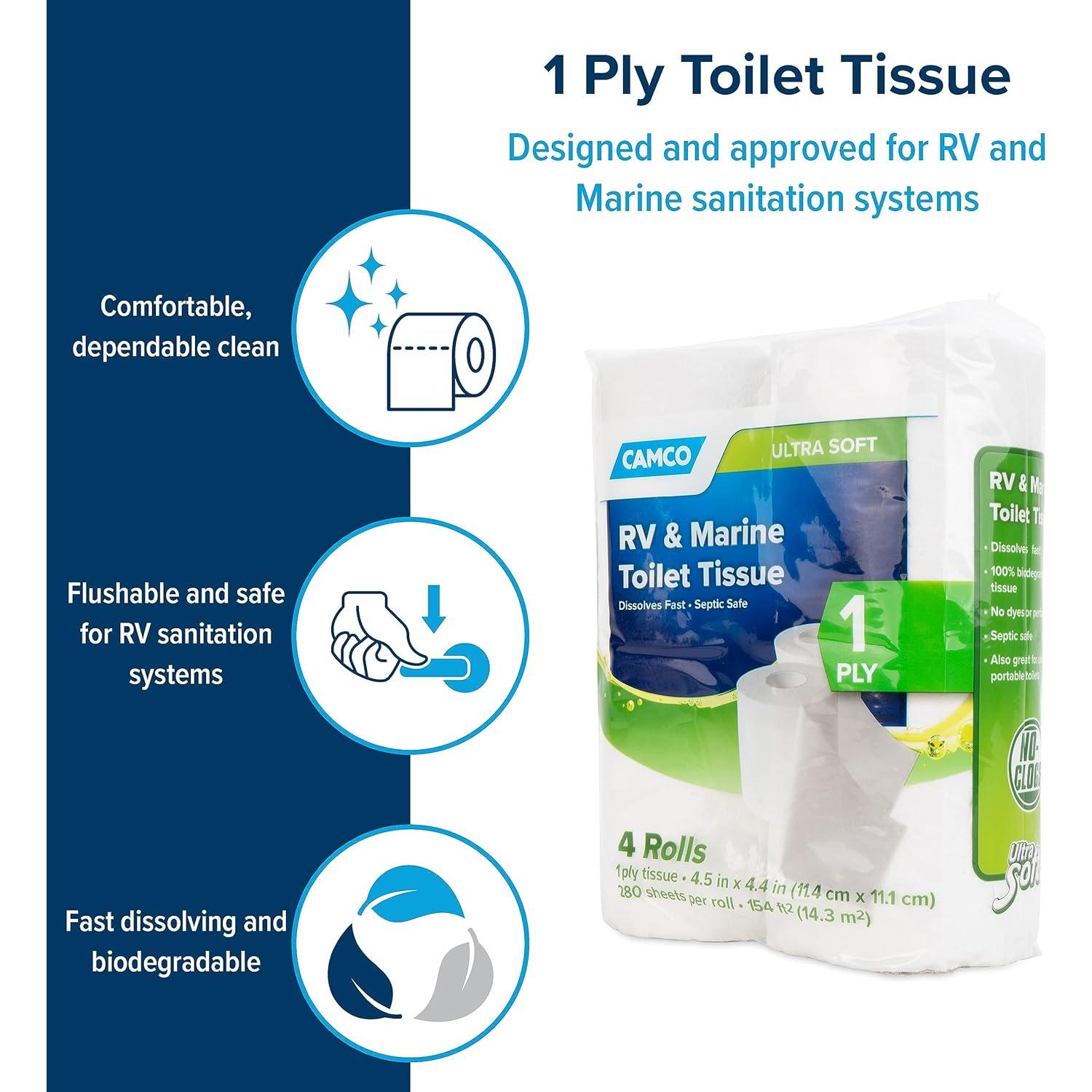 Papel Higiénico Camco para RV y Marina - 4 Rollos 280 Hojas