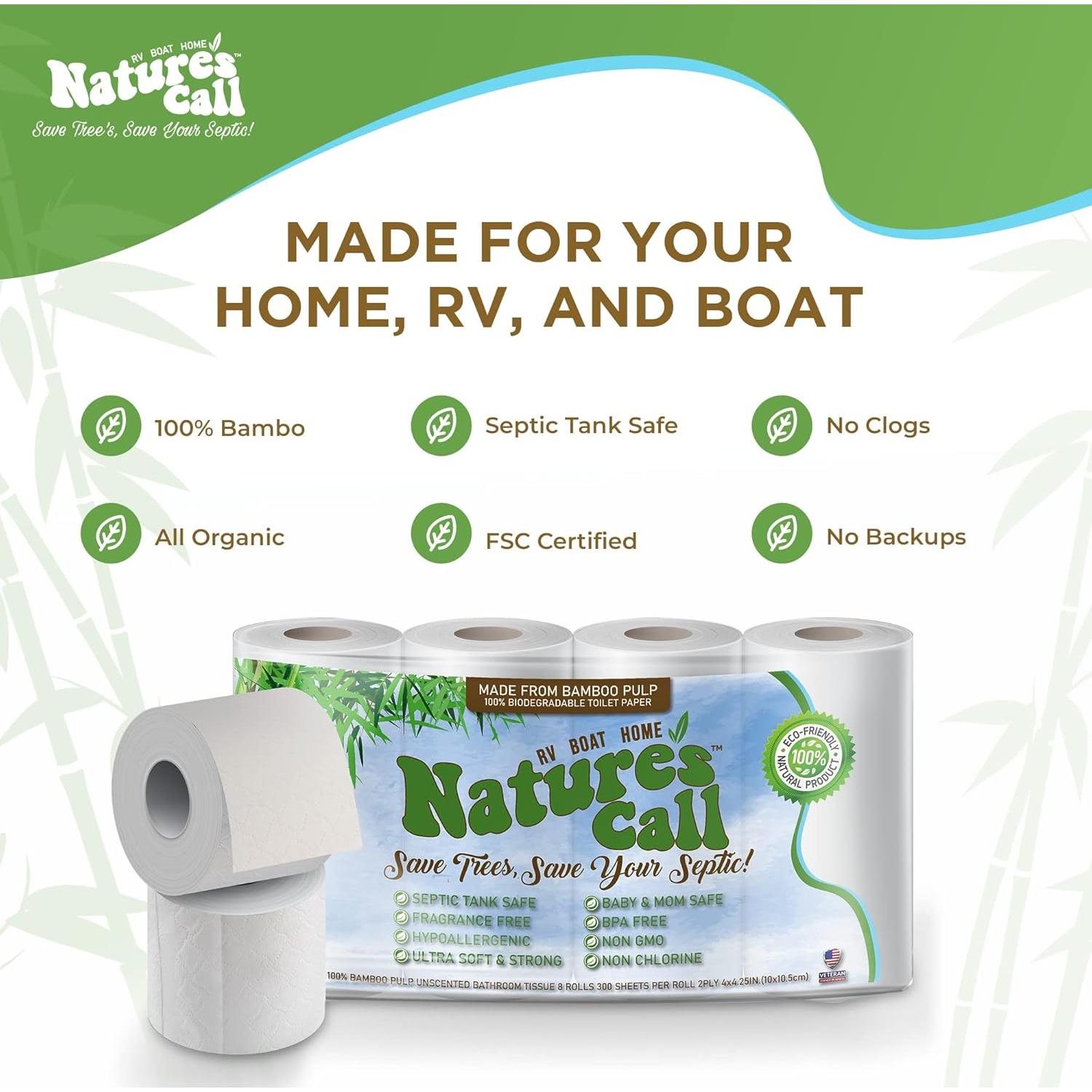 Papel Higiénico 100% Bambú Nature's Call - 8 Rollos 300 Hojas