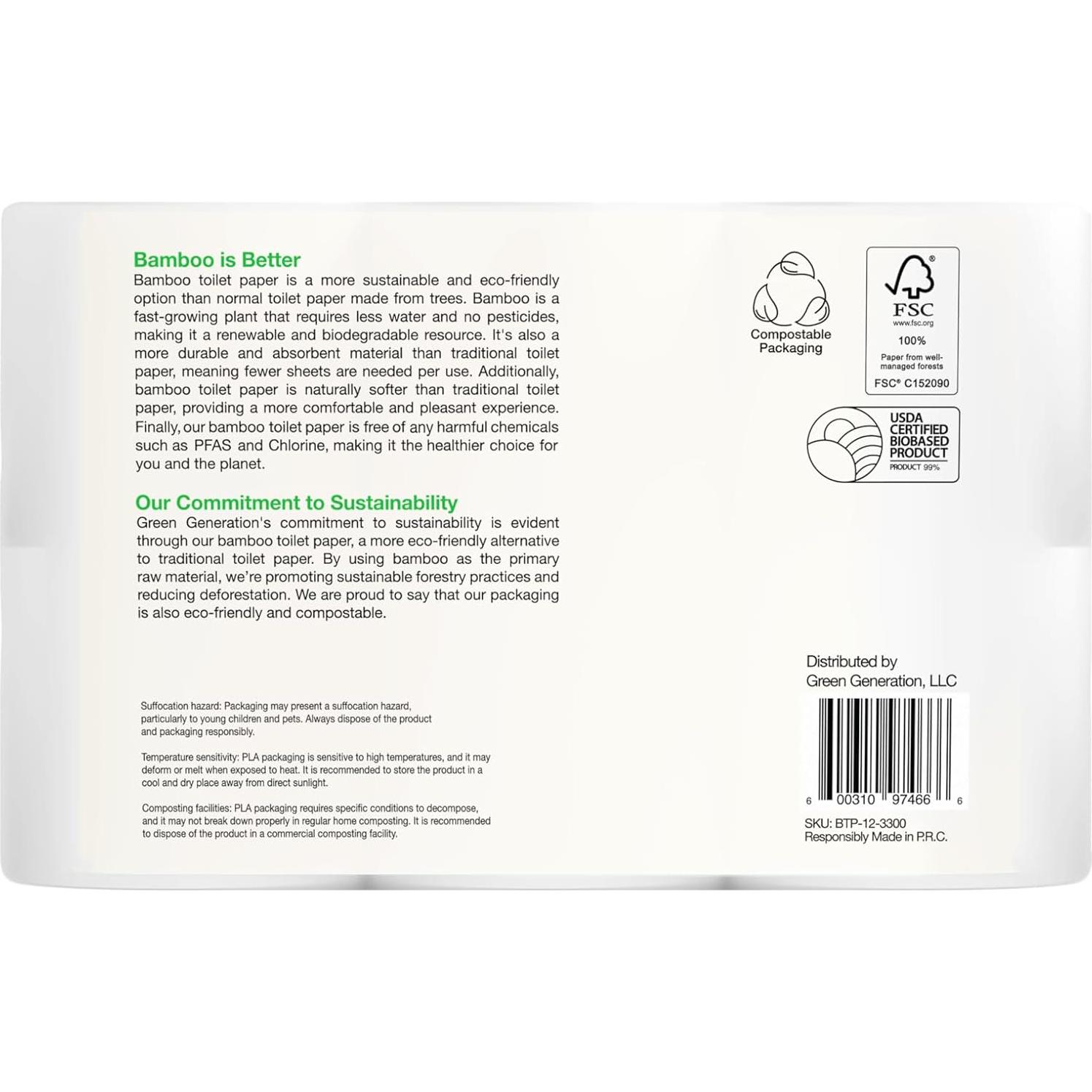 Papel Higiénico de Bambú Green Generation 12 Rollos 300 Hojas