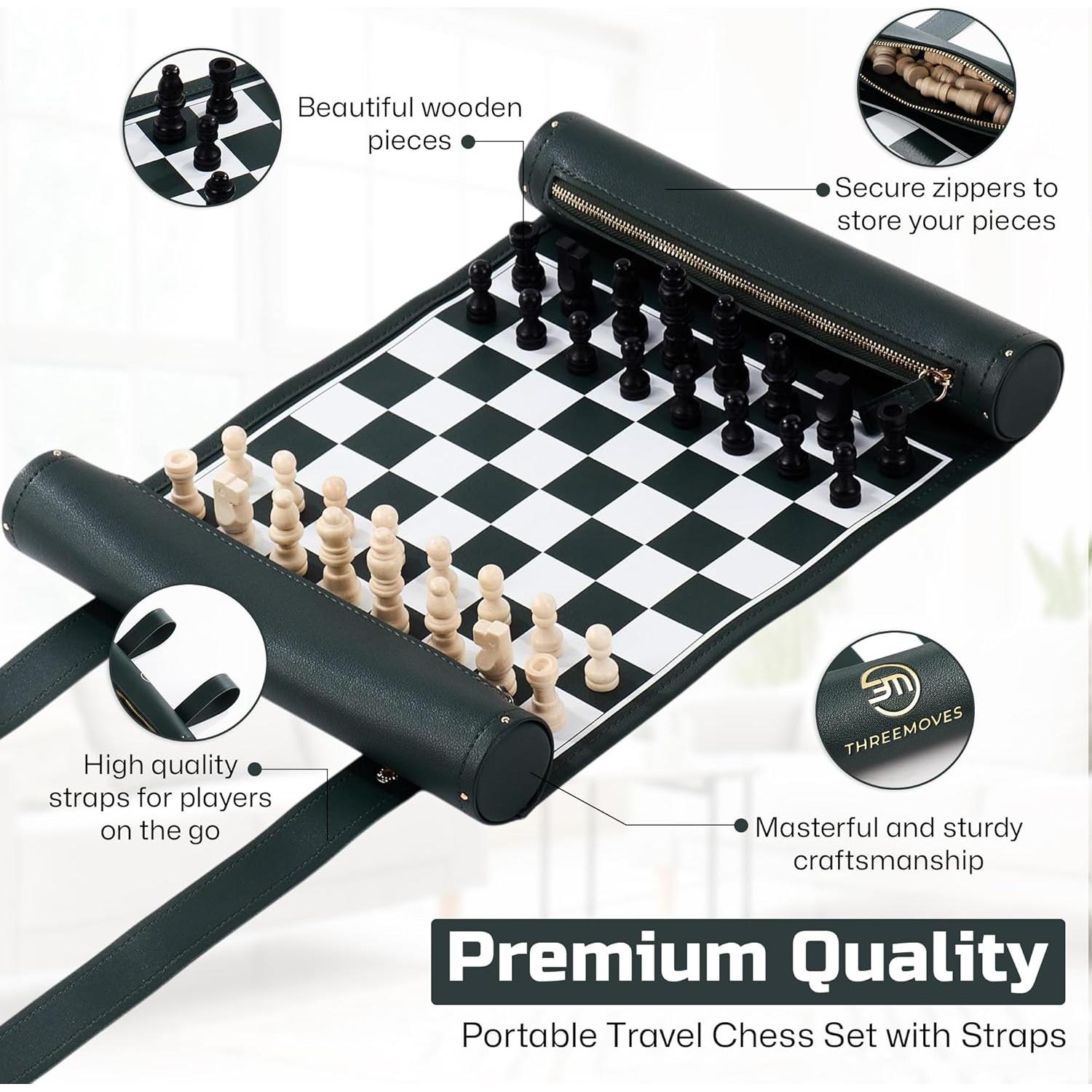 Juego de Ajedrez Plegable ThreeMoves de Cuero 56x28 cm Verde