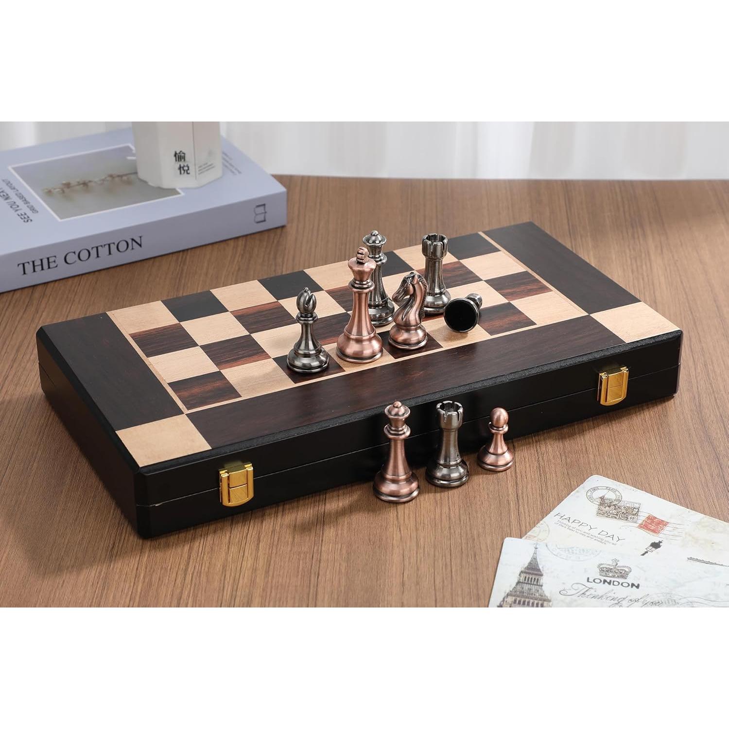 Juego de Ajedrez de Madera Plegable Agirlgle 38x19cm con Piezas de Metal