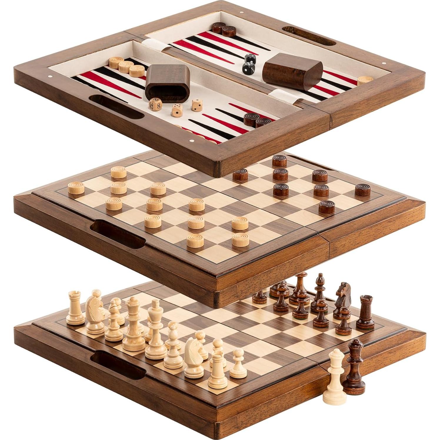 Juego de Ajedrez 3-en-1 Lingle de Madera Plegable 39x39 cm