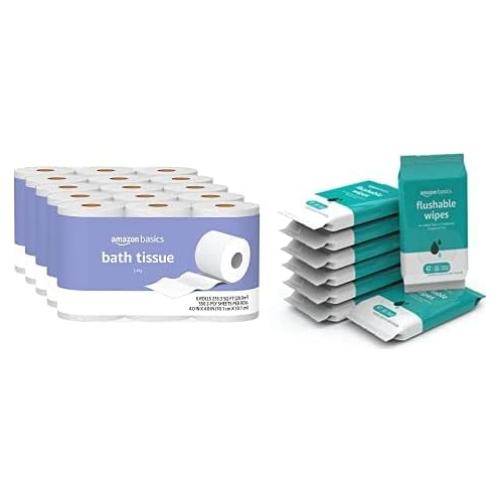 Papel Higiénico 2 Capas Amazon Basics 30 Rollos + Toallitas 336