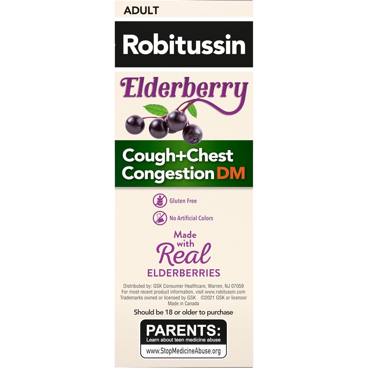 Robitussin Maximum Strength Elderberry Cough Plus Chest Congestion DM, Cough Suppressant for Adults, Providing Non Drowsy Liquid Cough and Chest Congestion Relief - 2x8 Fl Oz