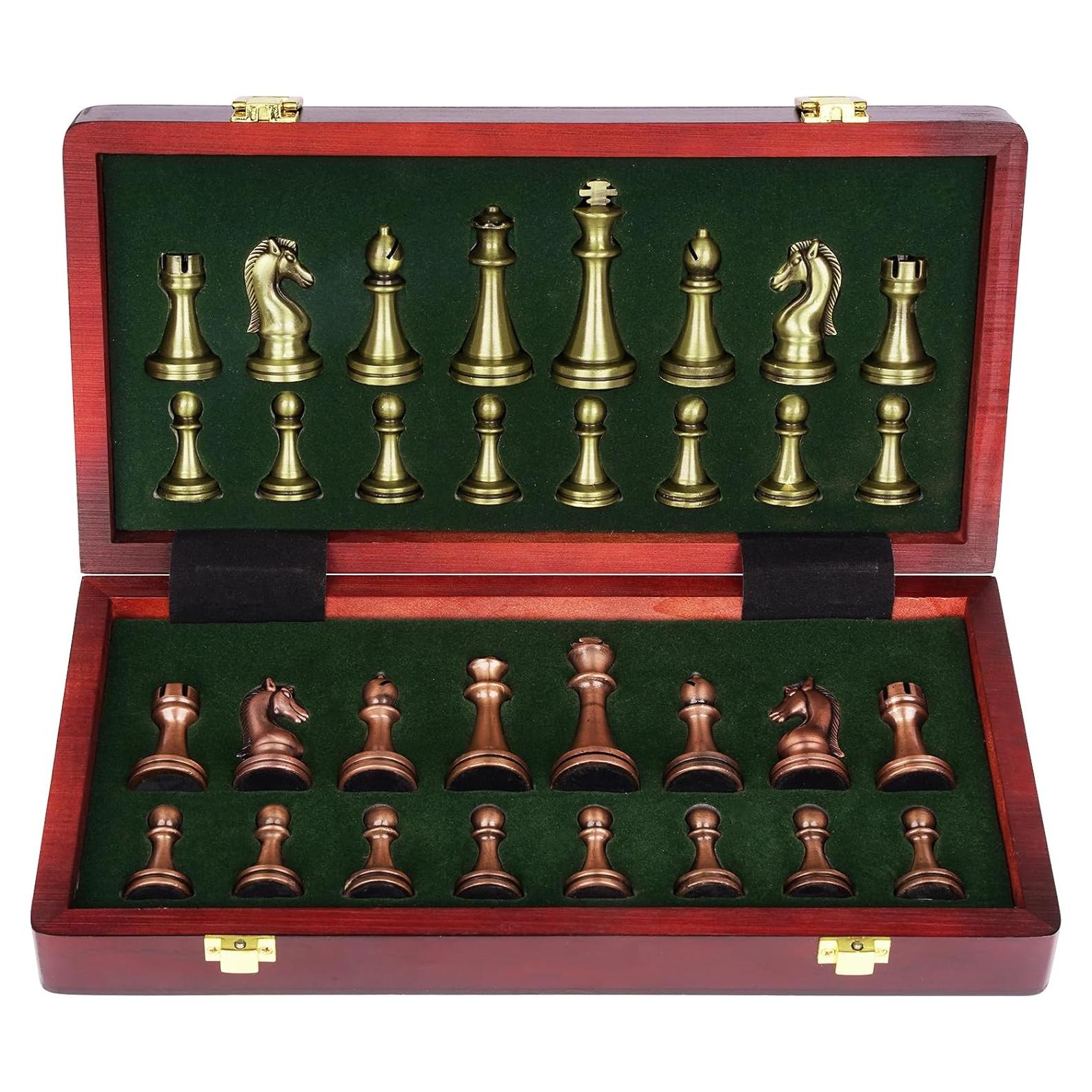 Juego de Ajedrez Retro Agirlgle de Metal y Madera Plegable