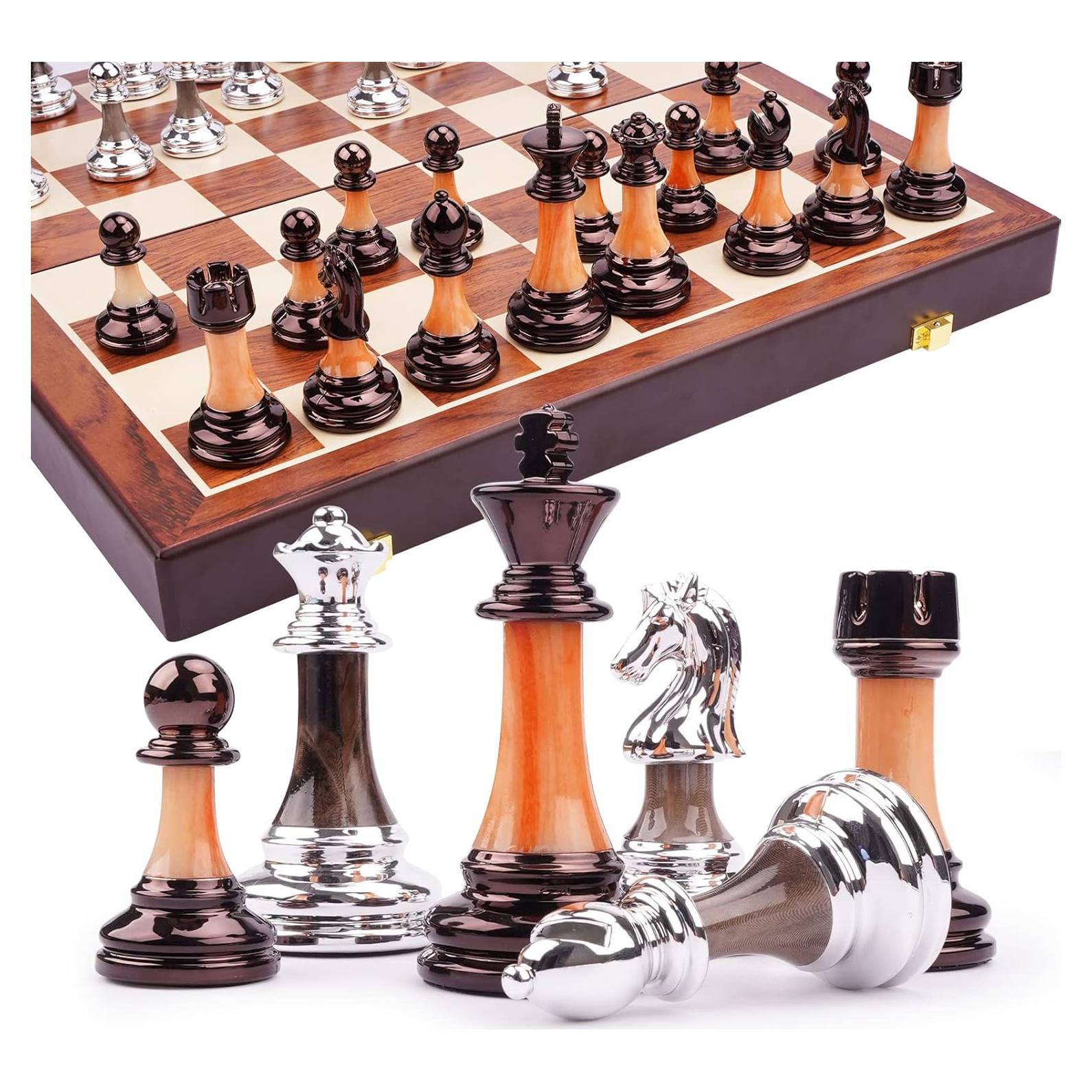 Juego de Ajedrez de Metal TENGZHEN 38 cm Plegable con Tablero de Madera