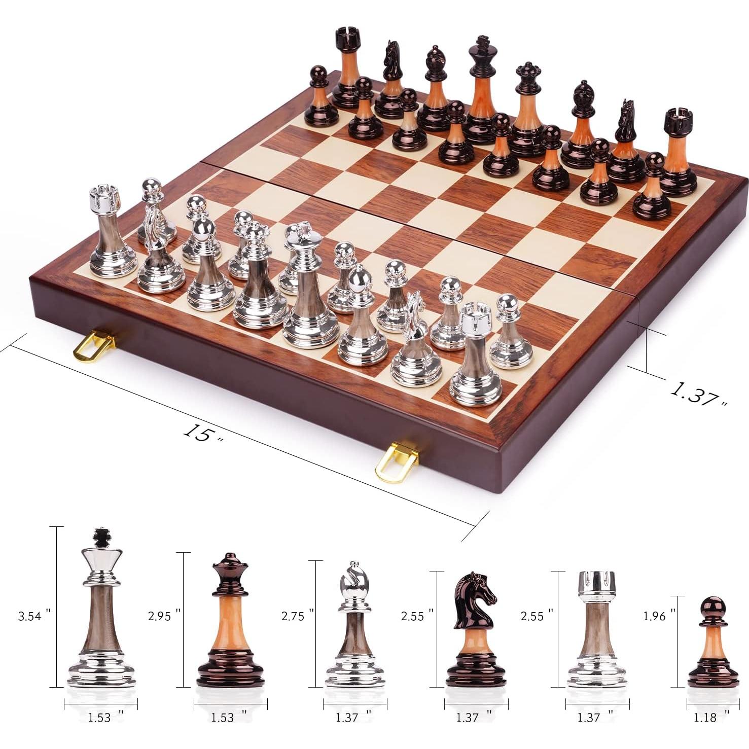 Juego de Ajedrez de Metal TENGZHEN 38 cm Plegable con Tablero de Madera