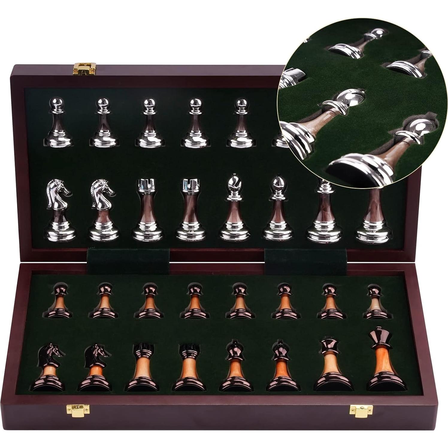 Juego de Ajedrez de Metal TENGZHEN 38 cm Plegable con Tablero de Madera