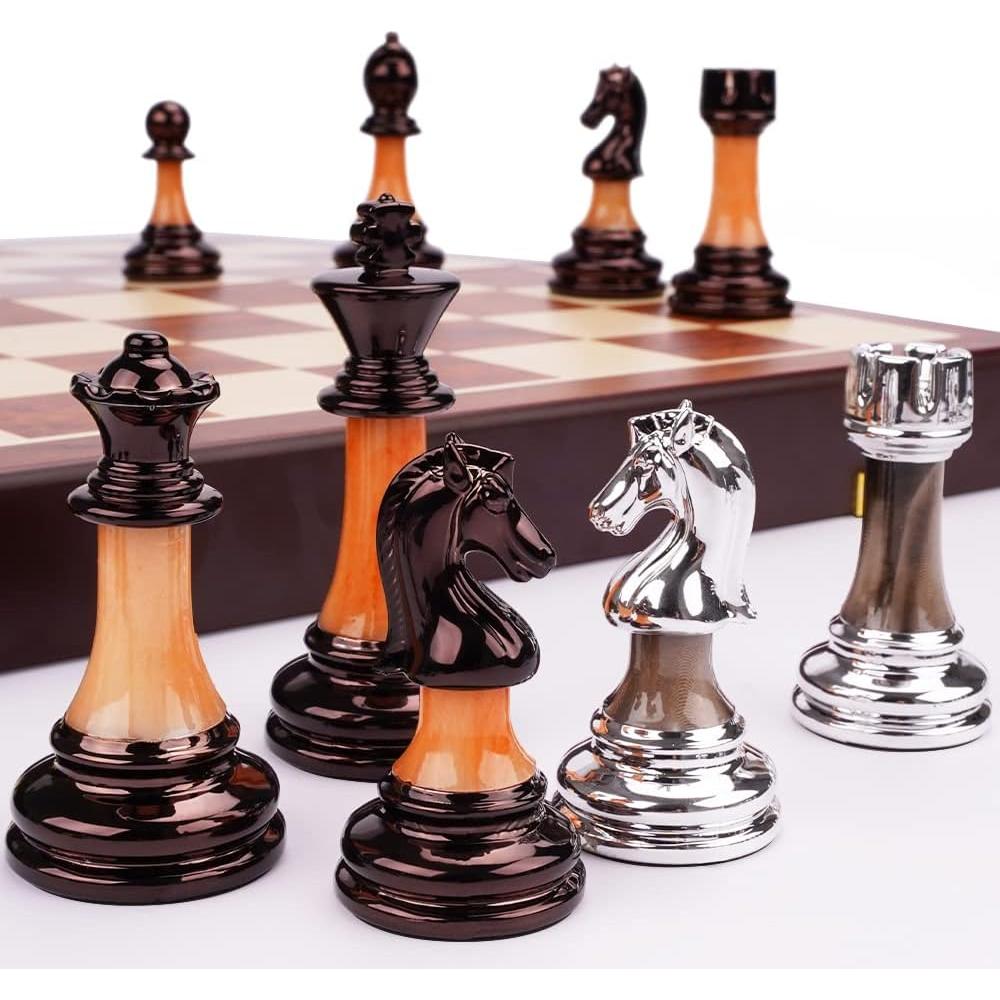 Juego de Ajedrez de Metal TENGZHEN 38 cm Plegable con Tablero de Madera