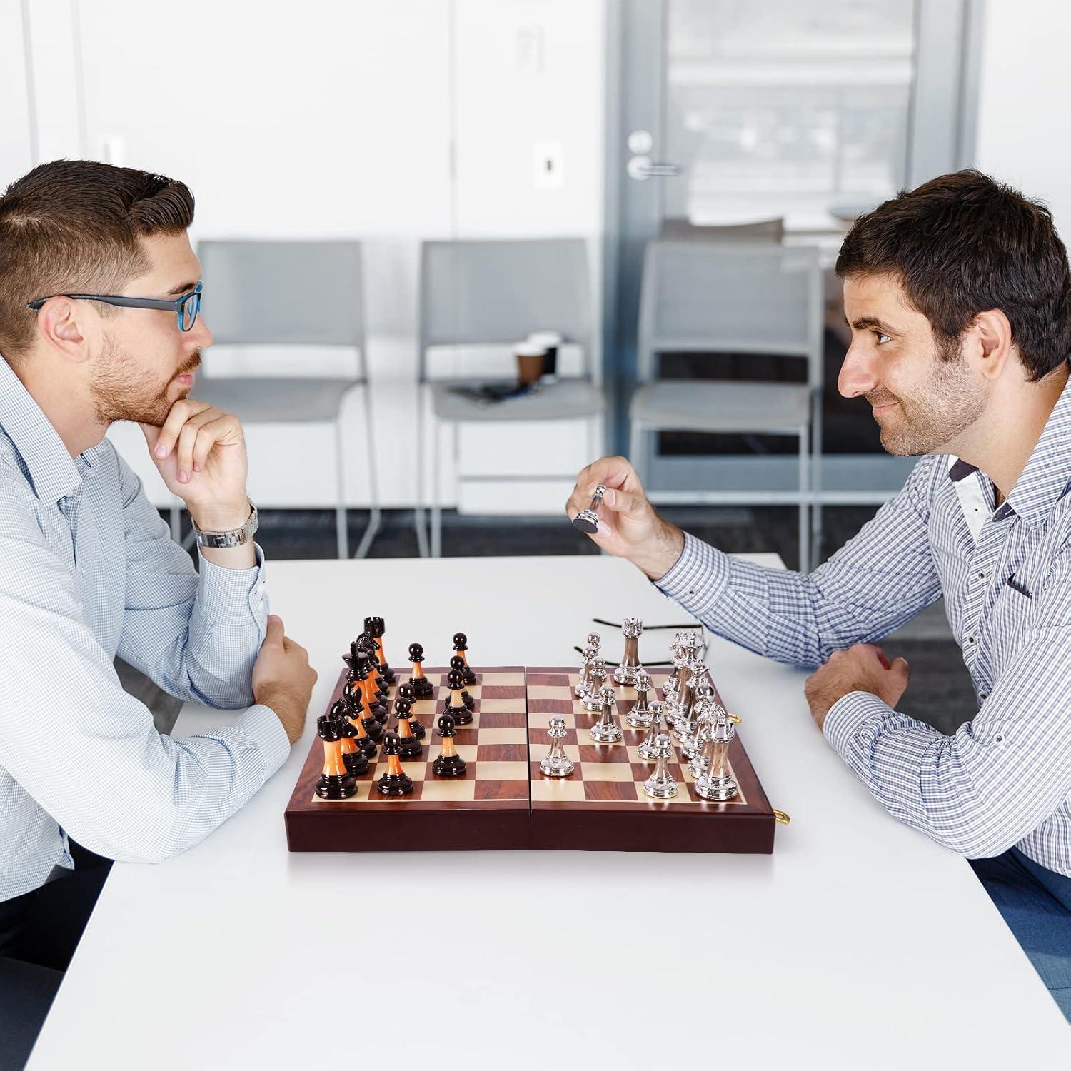 Juego de Ajedrez de Metal TENGZHEN 38 cm Plegable con Tablero de Madera